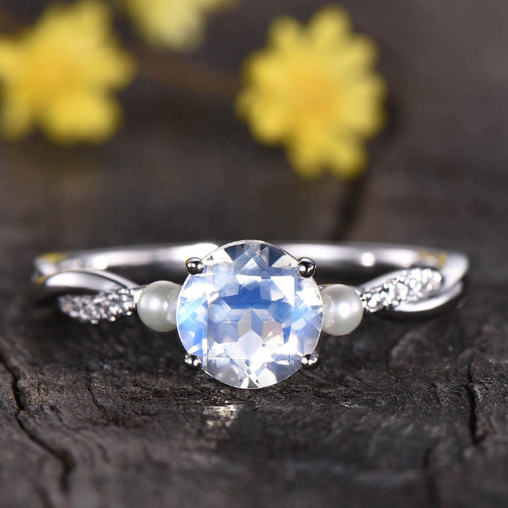 Infinity Round Cut Moonstone Engagement Ring with Akoya Pearl - 14K White Gold Three Stone Wedding Band for Bridal, Anniversary & Special Occasions