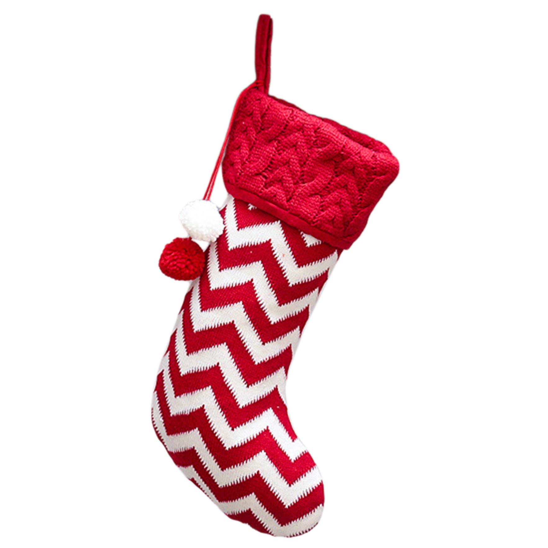 ZYHO Airlove Large Wool Hand-Knitted Christmas Stockings - Striped Reindeer & Xmas Tree Design - Festive Holiday Decor for Fireplace, Mantel & Family Gatherings (Red-White)