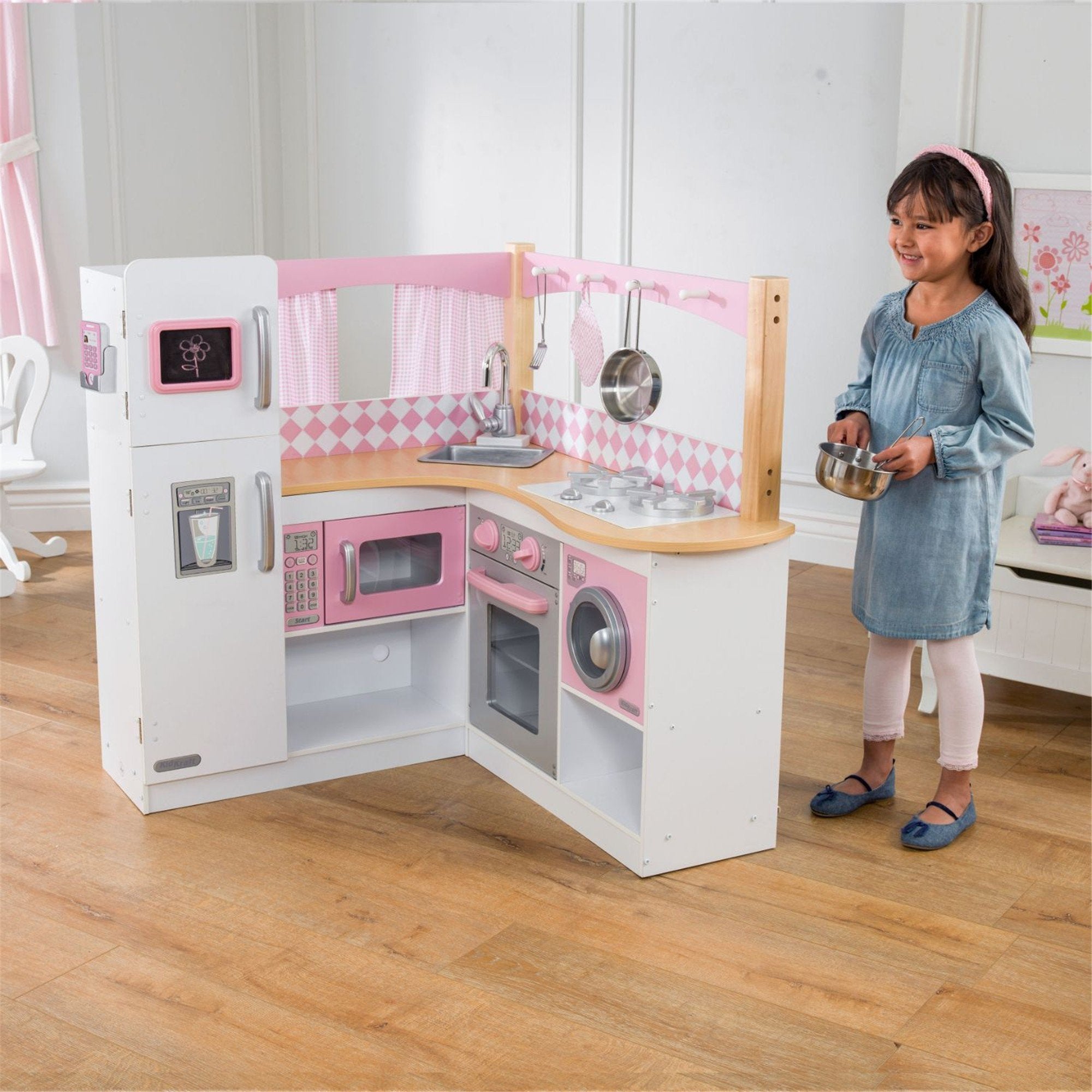 KidKraft Grand Gourmet Corner Play Kitchen - Wooden Pretend Play Kitchen Set for Kids with Sink, Stove & Accessories - Perfect for Imaginative Play, Preschool Learning & Toddler Role Play Games