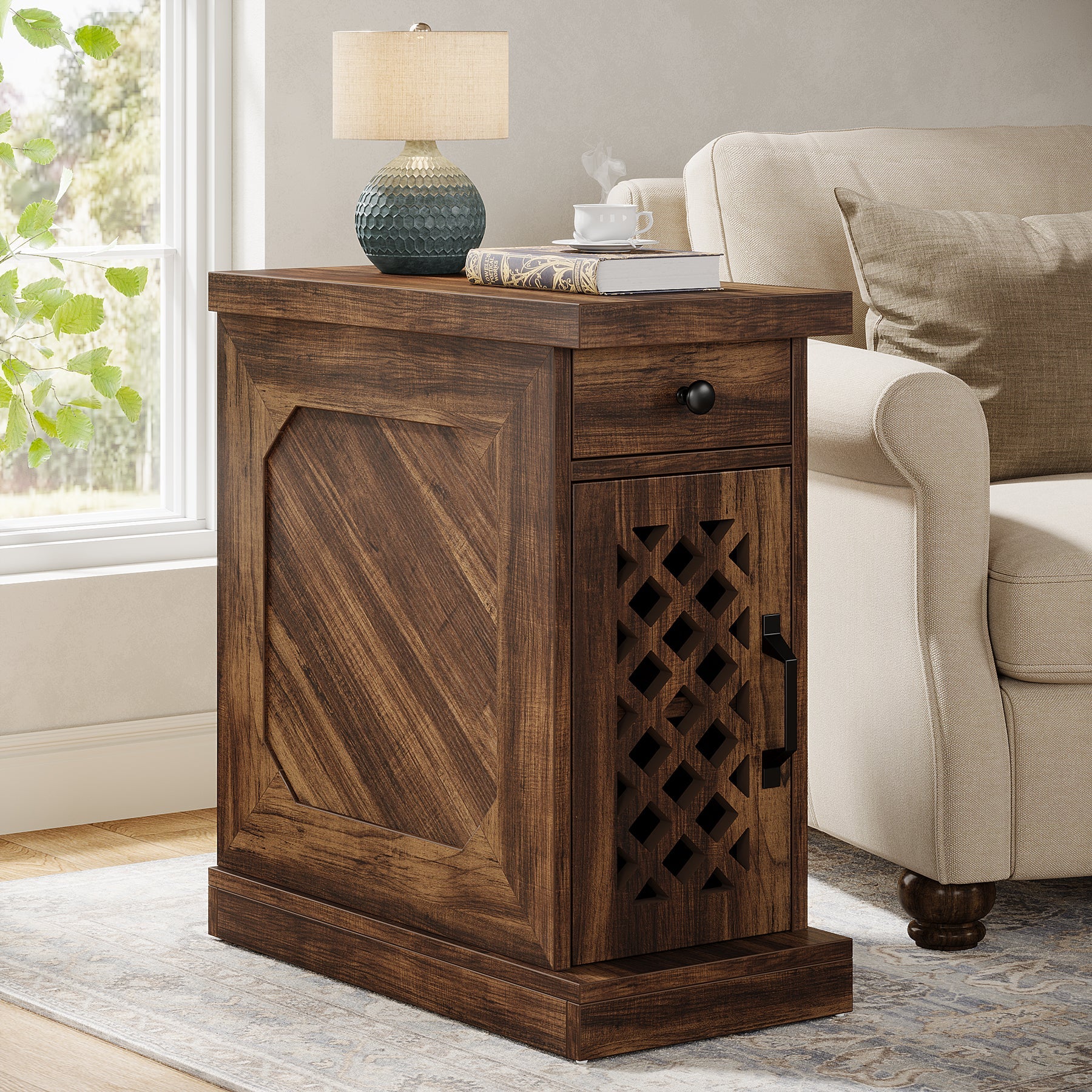 Rustic Wooden Side Table with Storage Drawer - End Table, Nightstand for Bedroom, Living Room - Perfect for Small Spaces & Home Decor