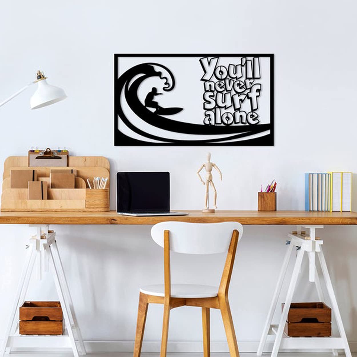 LaModaHome Metal Wall Art - 'You'll Never Surf Alone' Black Wall Decor for Living Room, Bedroom, Kitchen & Bathroom | Indoor & Outdoor Home Decoration | Perfect for Beach House, Surf Shack or Coastal Themed Spaces