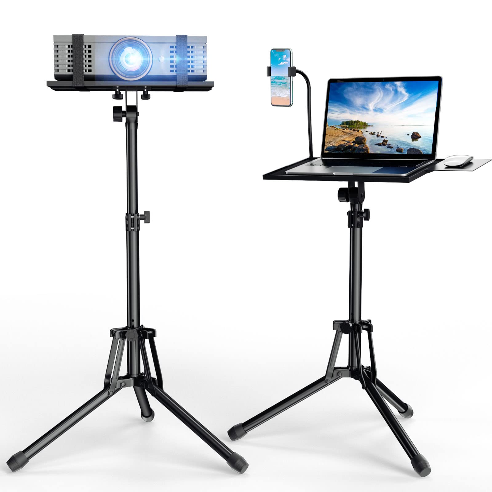 Portable Adjustable Projector Stand 20-60 Inch with Gooseneck Phone Holder & Mouse Tray - Laptop Tripod Floor Stand for Podium, Home Studio, DJ Racks, Presentations, and Online Classes