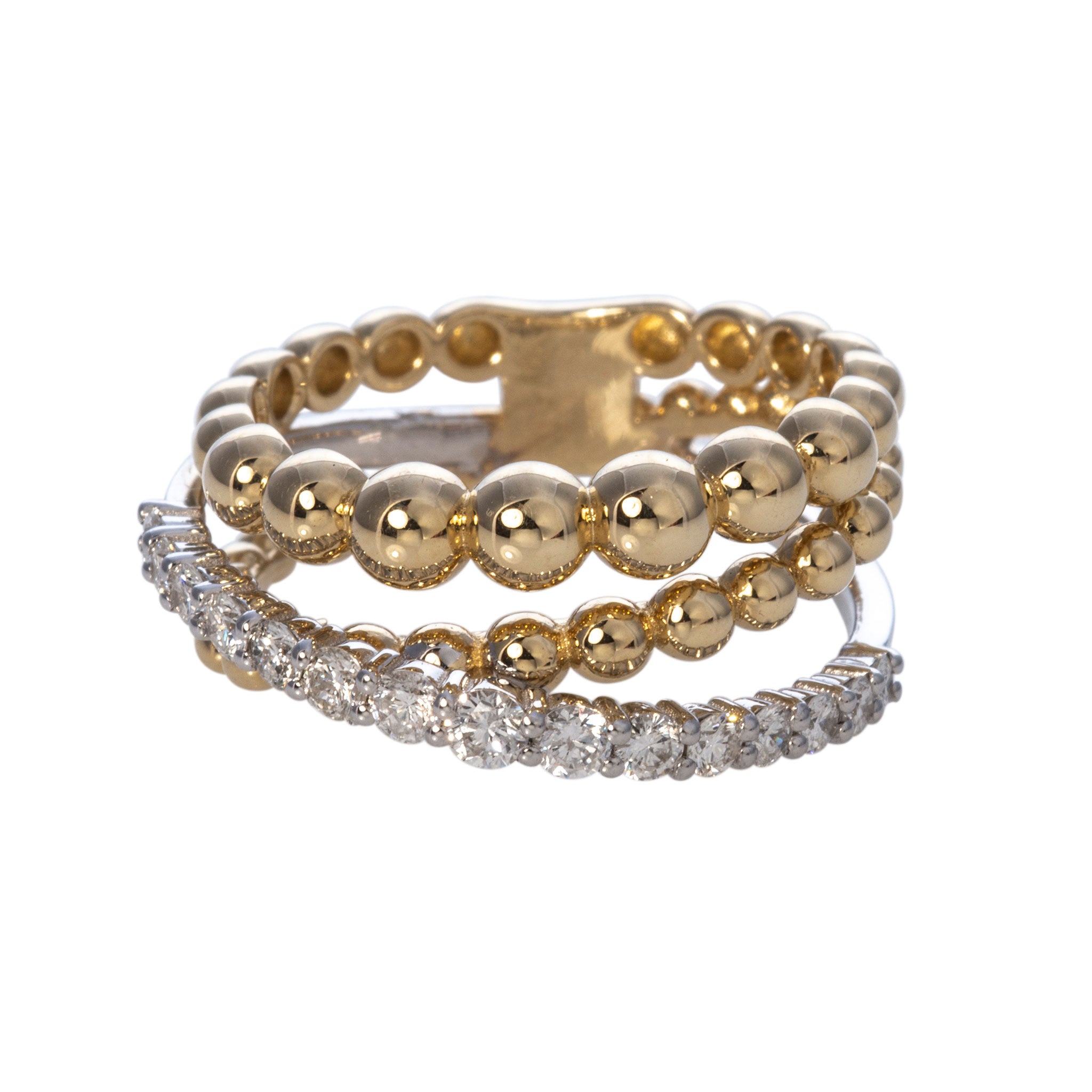 14K Gold Diamond Double Beaded Crossover Ring for Women - Elegant Wedding Band, Anniversary Gift, or Everyday Jewelry