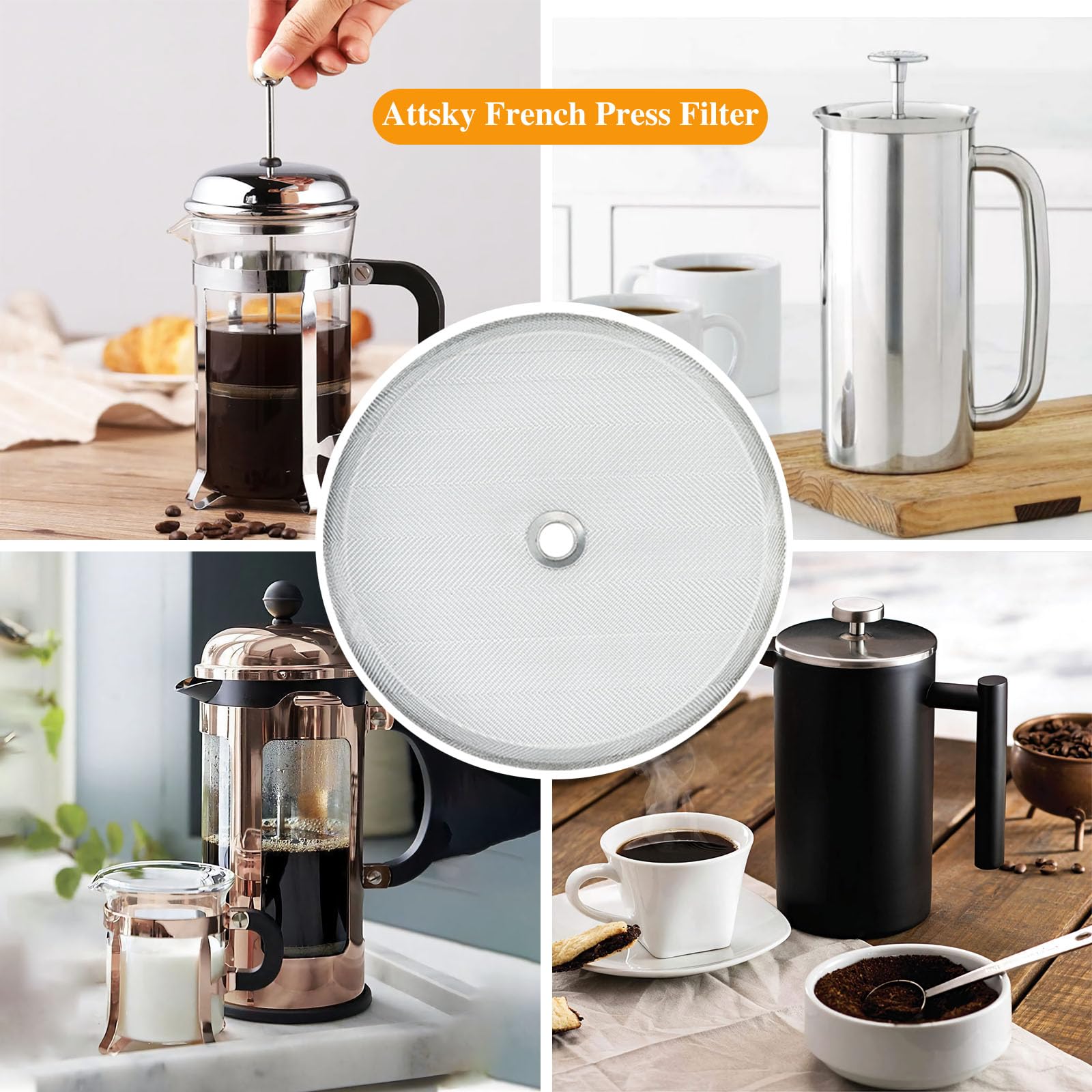 8-Piece French Press Replacement Parts Stainless Steel Set - 6 Universal 4-Inch Screens with Spiral & Cross Disks - Compatible with 34oz/3.75