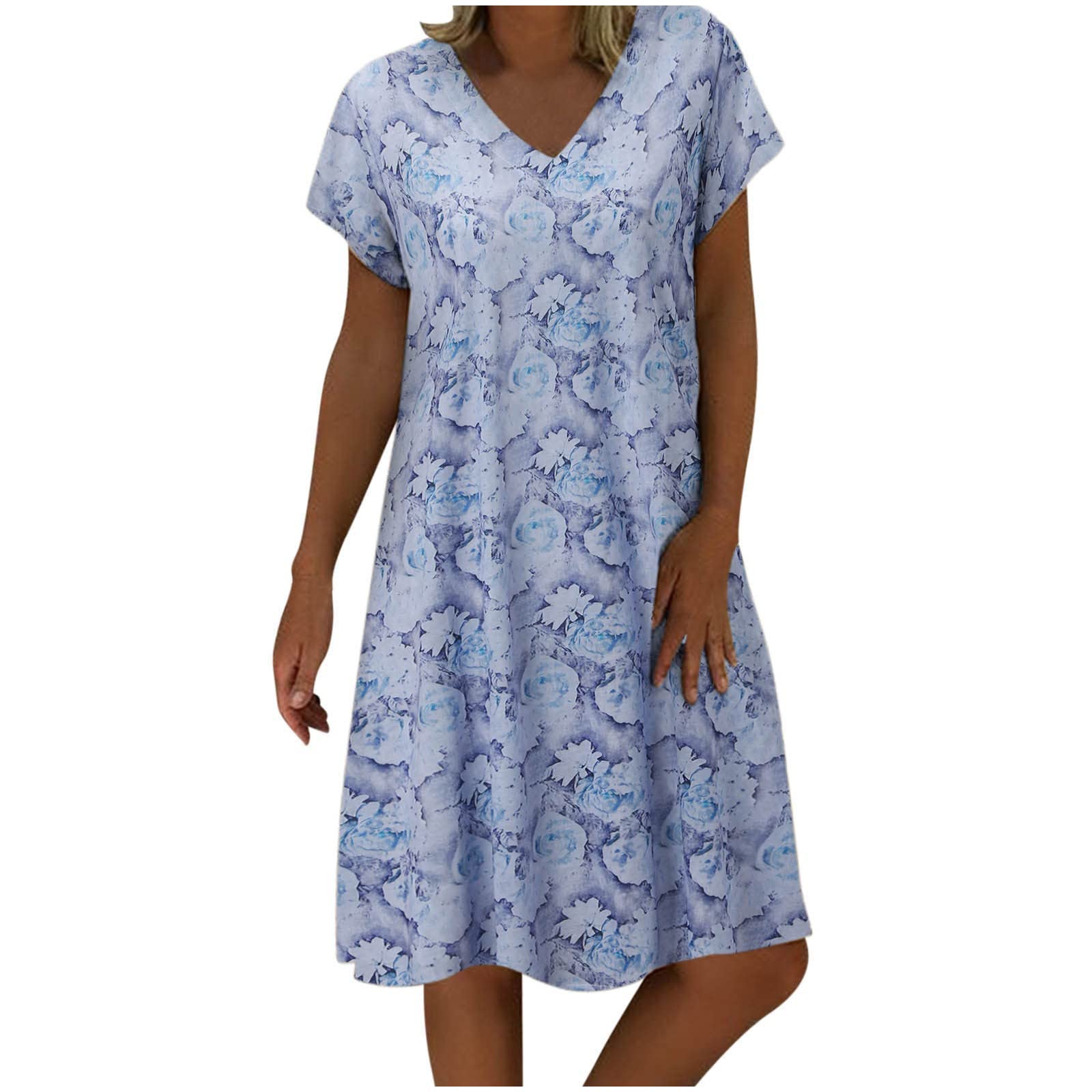 Ylioge Women's Black Floral V-Neck Short Sleeve Midi Dress - Sexy Casual Summer Knee Length Dress for Party, Date Night & Vacation