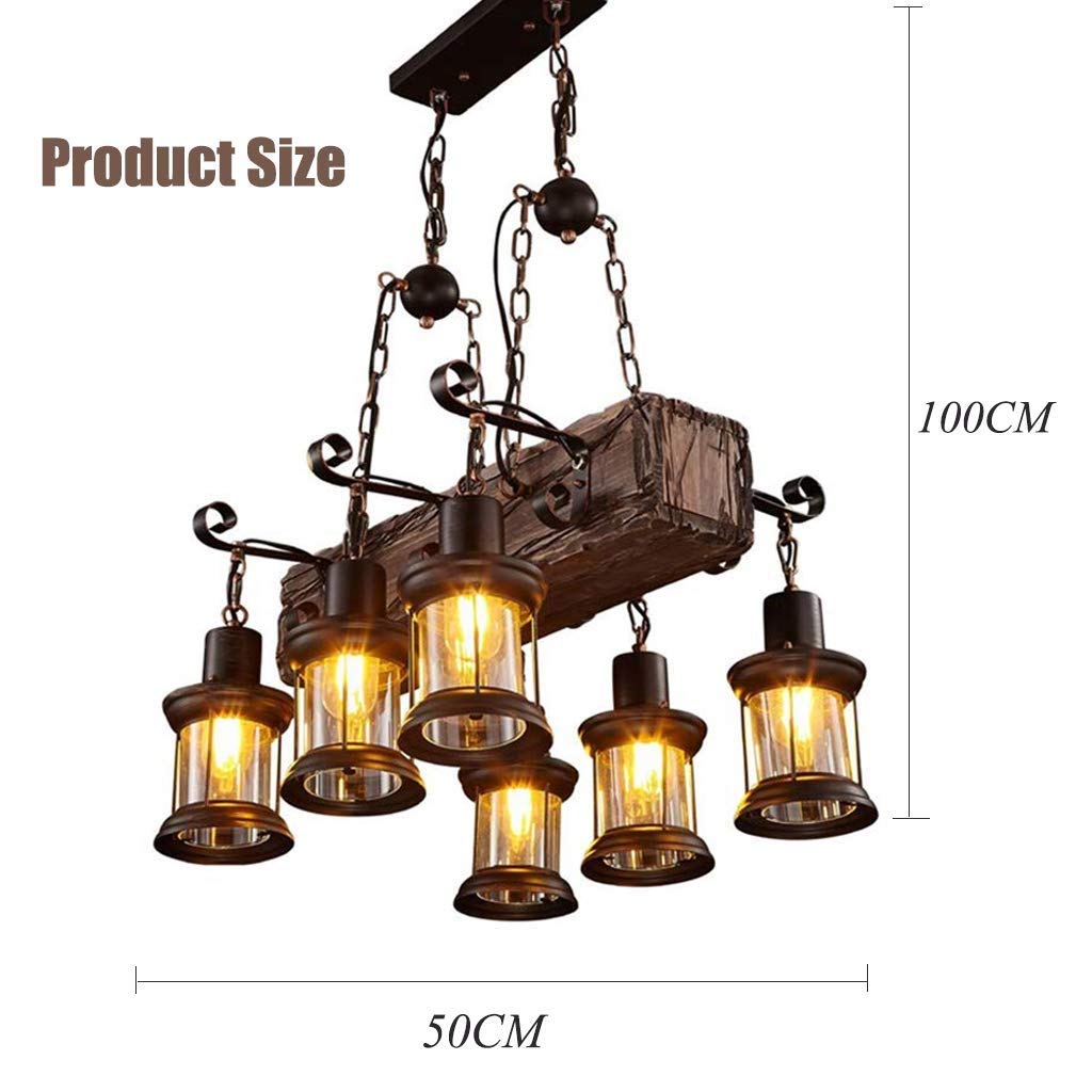 Vintage Industrial Wood & Metal Chandelier - Adjustable Height 6-Light E27 Pendant Lamp for Living Room, Dining Room & Bedroom | Retro Style Ceiling Lighting Fixture