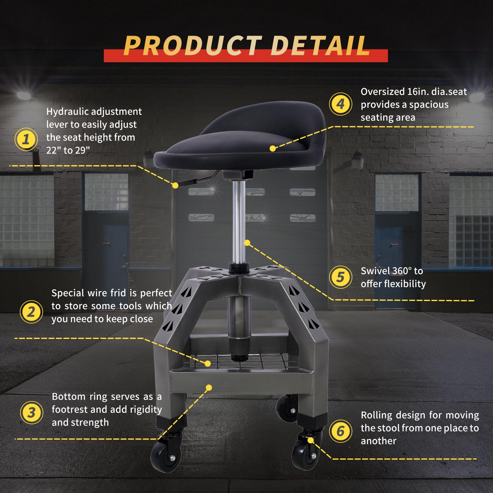 360 Swivel Rolling Shop Stool with Adjustable Height & Tool Tray Storage - 300 Lbs Capacity Gray Stool for Garage, Workshop, or Industrial Use