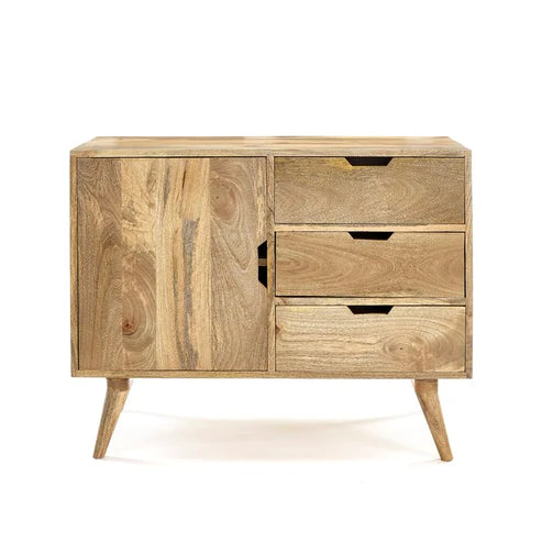 Gfine Solid Mango Wood Sideboard - Single Door & 3 Drawers Storage Cabinet 31.9x15.7x28 Inches - Perfect for Living Room, Dining Room, or Entryway Organization