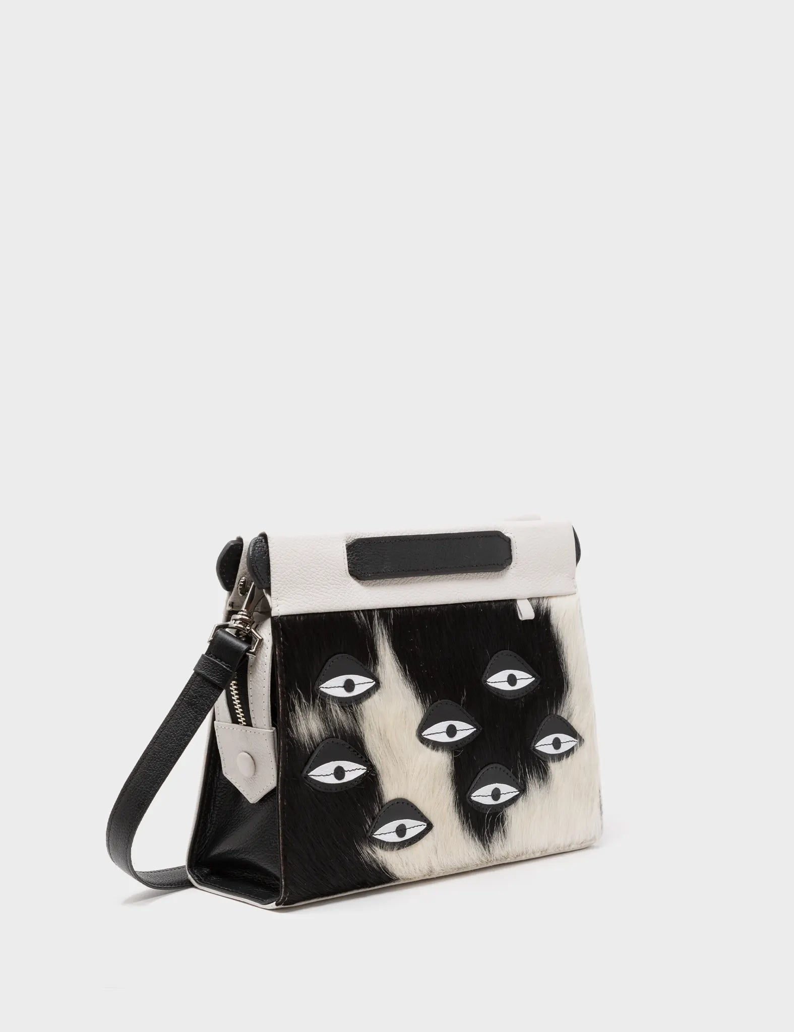 Vali Crossbody Small Cream Leather Bag with Eyes Applique & Adjustable Strap - Perfect for Everyday Use, Travel, and Casual Outings