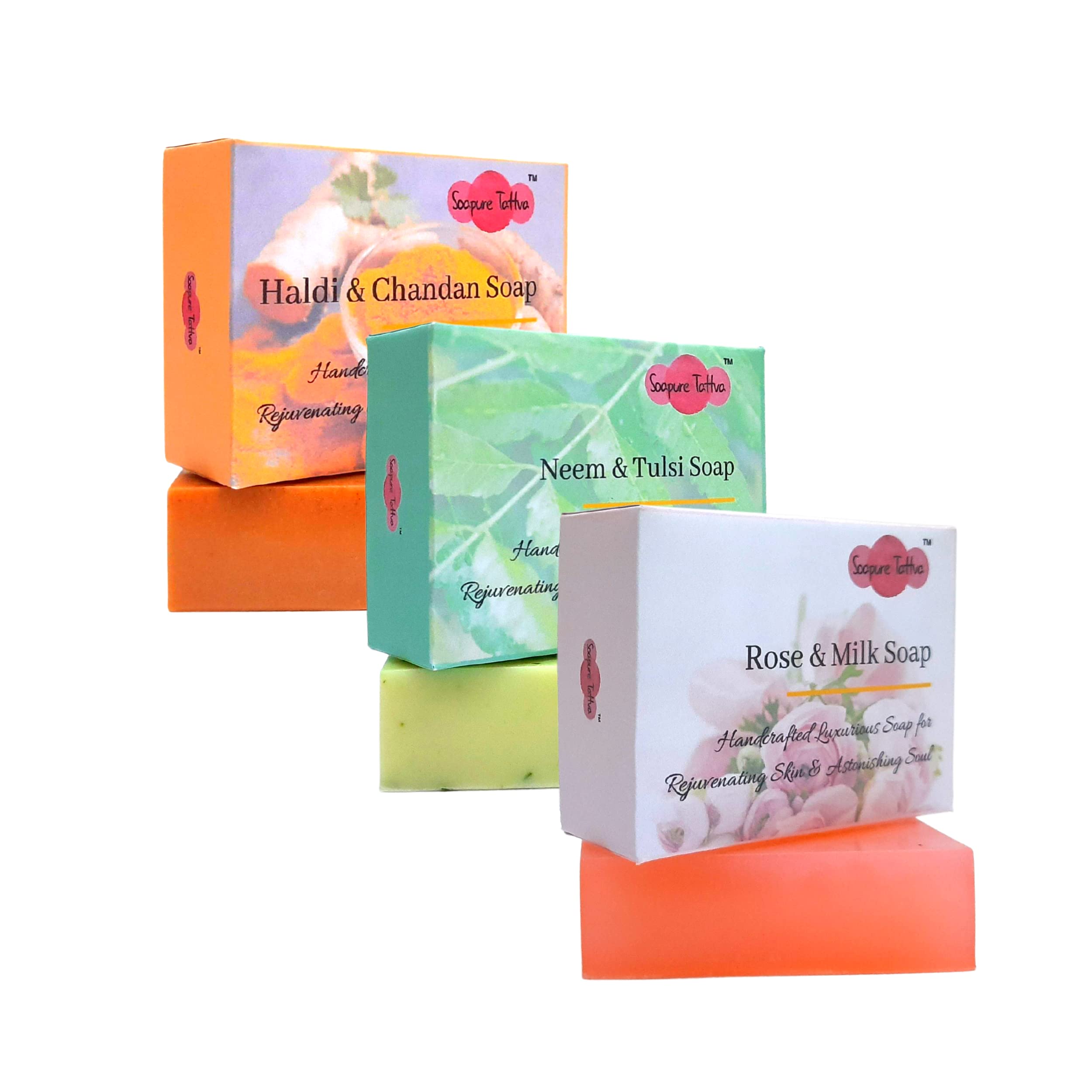 Soapure Tattva Handmade Herbal Soap Gift Set - Turmeric & Sandalwood, Neem & Tulsi, Rose & Milk (3 x 4.4oz) | Natural Skin Care for Dry, Sensitive & Acne-Prone Skin | Perfect for Daily Use, Spa Days & Eco-Friendly Gifting