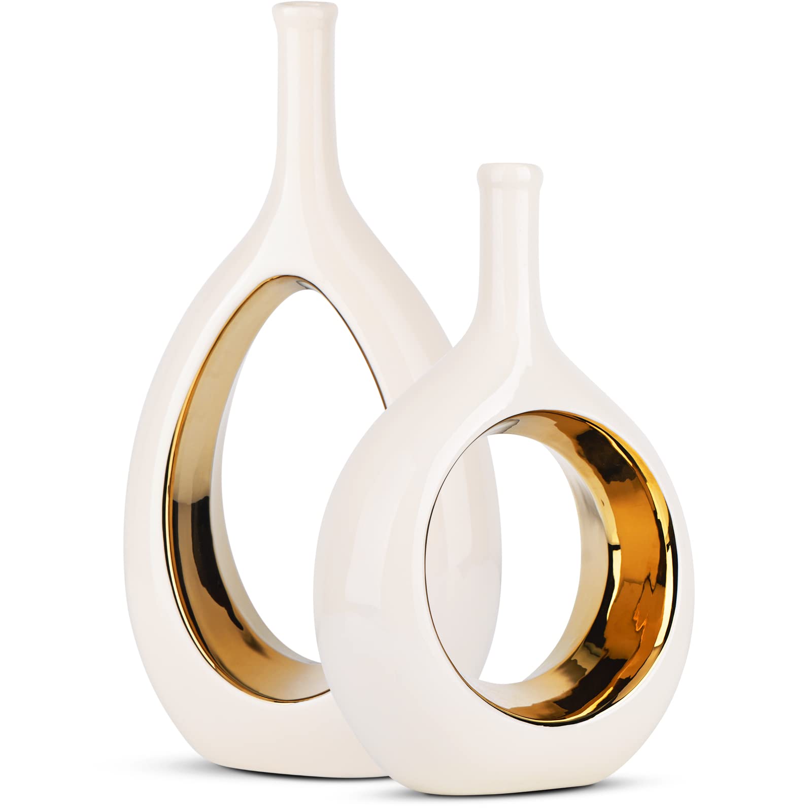 White and Gold Ceramic Vase - Modern Minimalist Hollow Circle Decorative Vase for Flowers | Home Decor Centerpiece for Bookshelf, Fireplace Mantel, Farmhouse & Rustic Décor | Perfect for Weddings, Living Room & Dining Table Decorations
