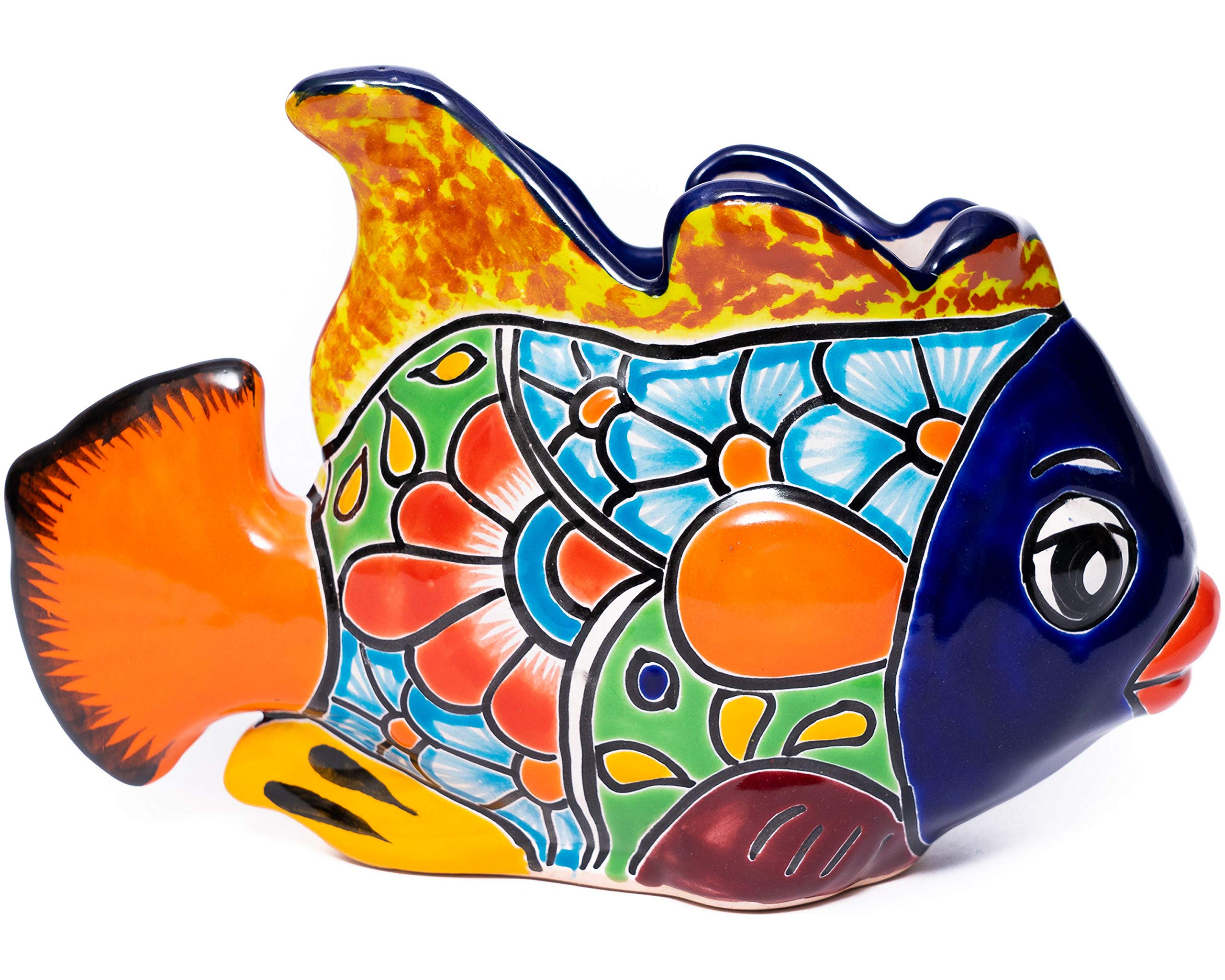 Enchanted Talavera Mexican Ceramic Planter - Small 11x7 Inch Cobalt Blue Beta Fish Flower Pot with Ocean Theme for Home Garden Décor | Perfect for Succulents, Herbs & Indoor Plants