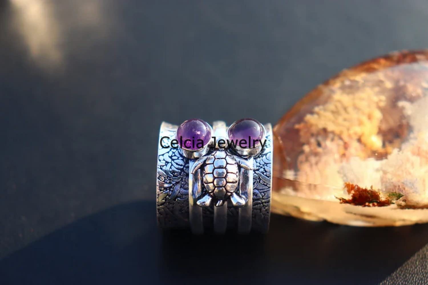 Amethyst Round Gemstone Turtle Spinner Ring - Handmade Meditation Spinning Ring for Stress Relief, Unique Animal Jewelry Gift for Women Men (February Birthstone, Size 7) - Perfect for Yoga, Mindfulness & Spiritual Healing