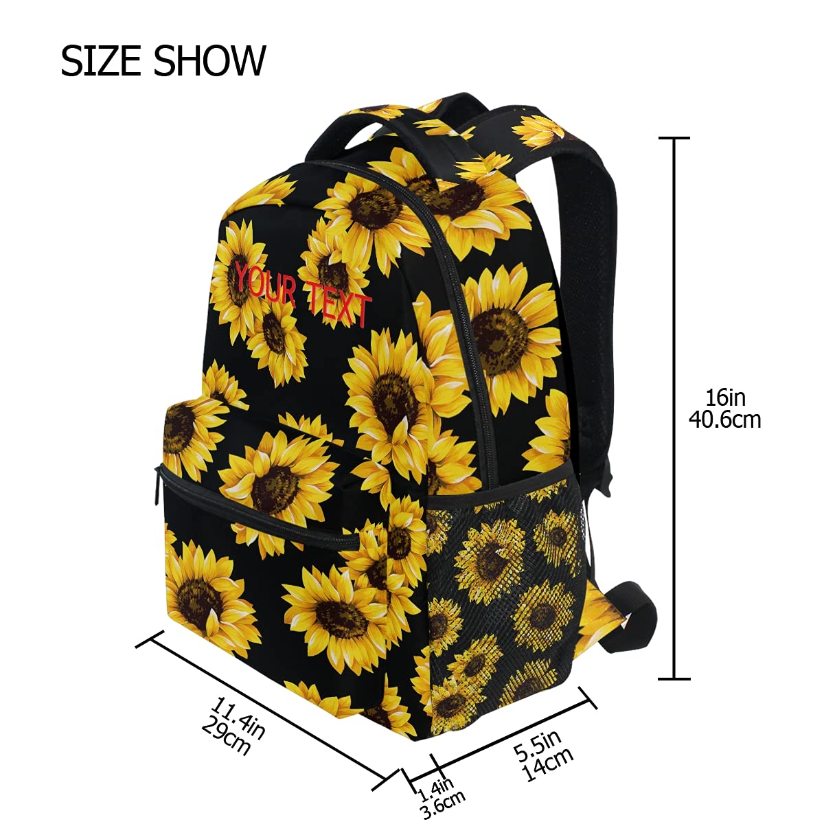 **Custom Black Sunflower Backpack for Girls & Teens - Personalized School Backpack with Name/Text - Durable & Stylish for School, Travel & Daily Use**