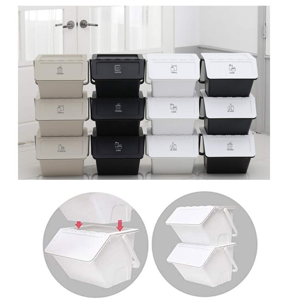 3 Pack Stackable Recycling Bins with Lids & Handles - 70L Capacity Black Organizer Containers for Home, Office, Kitchen & Garage Storage