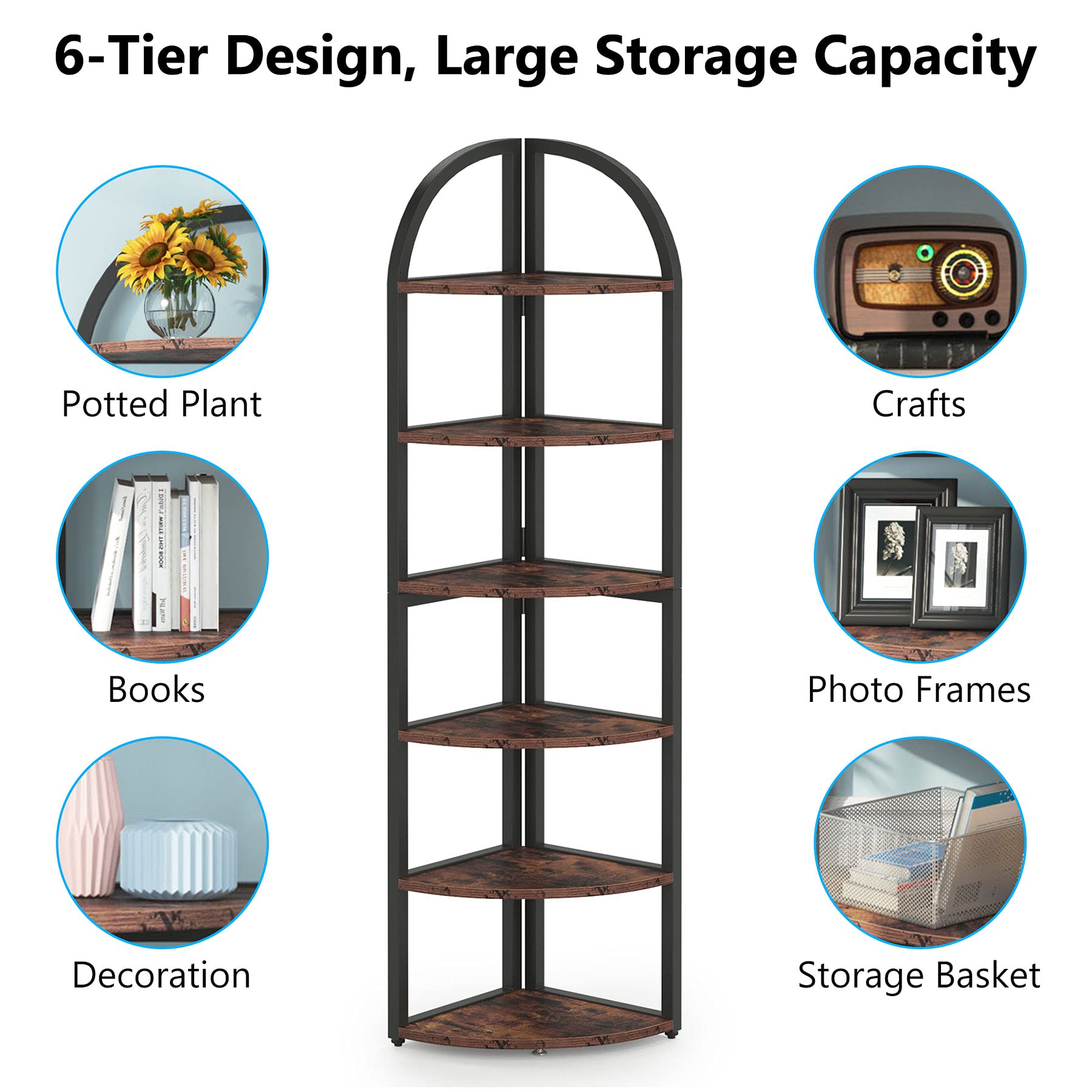 Tribesigns 6-Tier Tall Corner Bookshelf - 71 Inch Rustic Wood Shelf for Small Spaces, Home Office, Living Room & Kitchen - Perfect for Organizing Books, Plants, Decor & Kitchen Supplies
