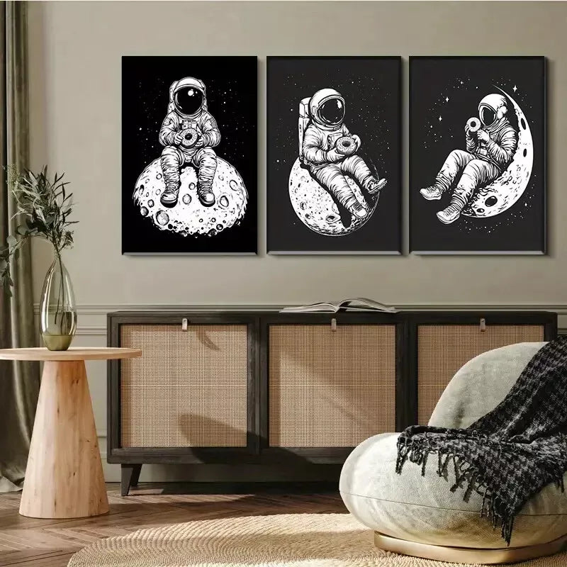 3-Piece Black and White Astronaut on Moon Wall Art Set - Framed Canvas 40x60cm (16x24in) | High Quality Print | Australian Made | Ready to Hang | Perfect for Living Room, Bedroom & Office Decor