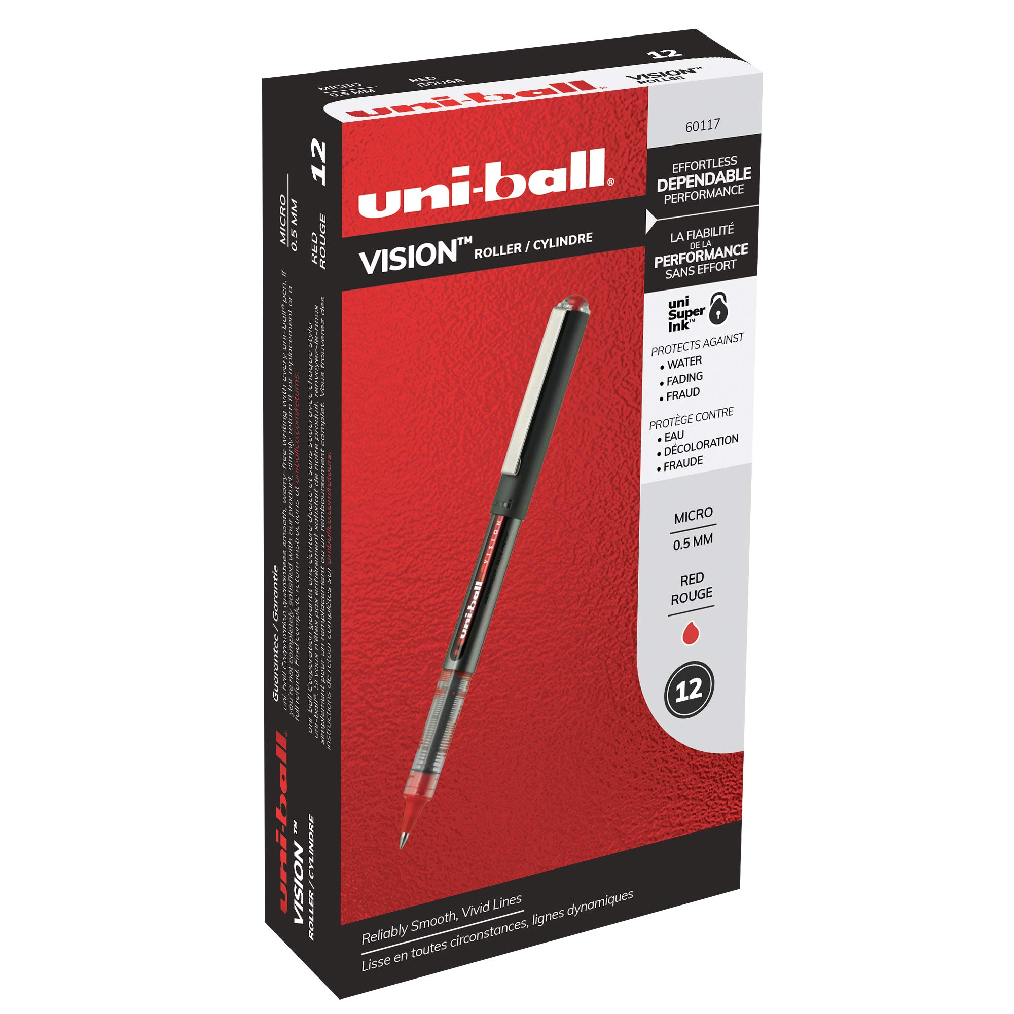 uni-ball Vision Rollerball Pens Fine Point 0.5mm Micro Tip - 12 Pack Red Ink Pens for Smooth Writing, Note Taking & Office Use - Ideal for Students, Professionals & Artists