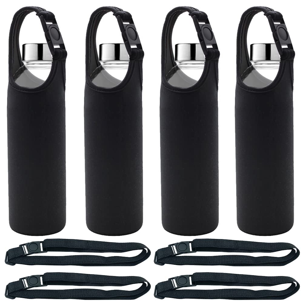 DanziX 4 Pack Insulated Neoprene Water Bottle Carrier with Adjustable Shoulder Straps - Fits 16oz to 20oz Sports Bottles (Black) - Perfect for Gym, Hiking, Camping & Outdoor Activities