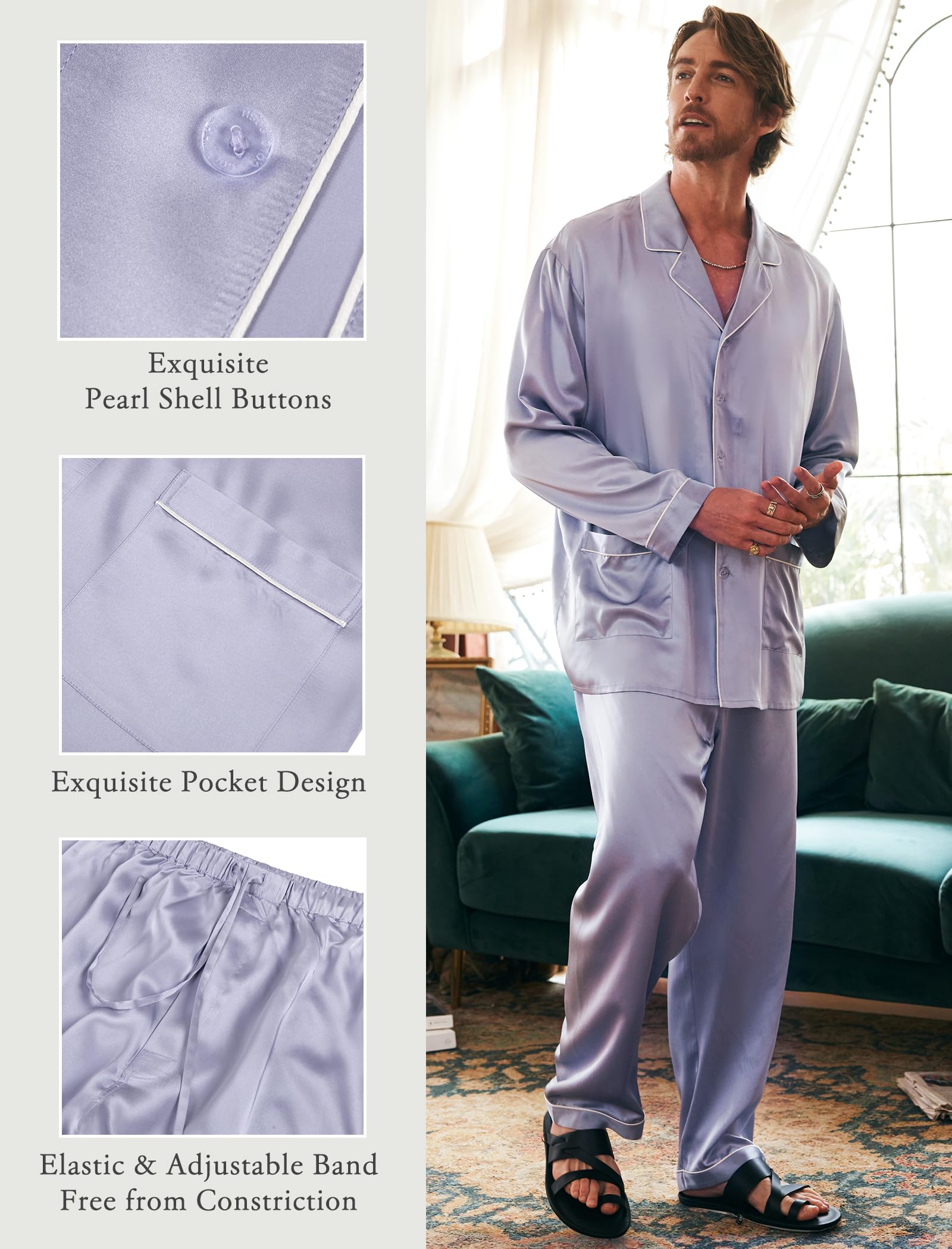 Luxury Men's Silk Pajamas Set - 2PC Long Sleeve Button-Down Sleepwear for Men | Soft & Breathable Silk PJs for Lounge, Sleep & Relaxation at Home