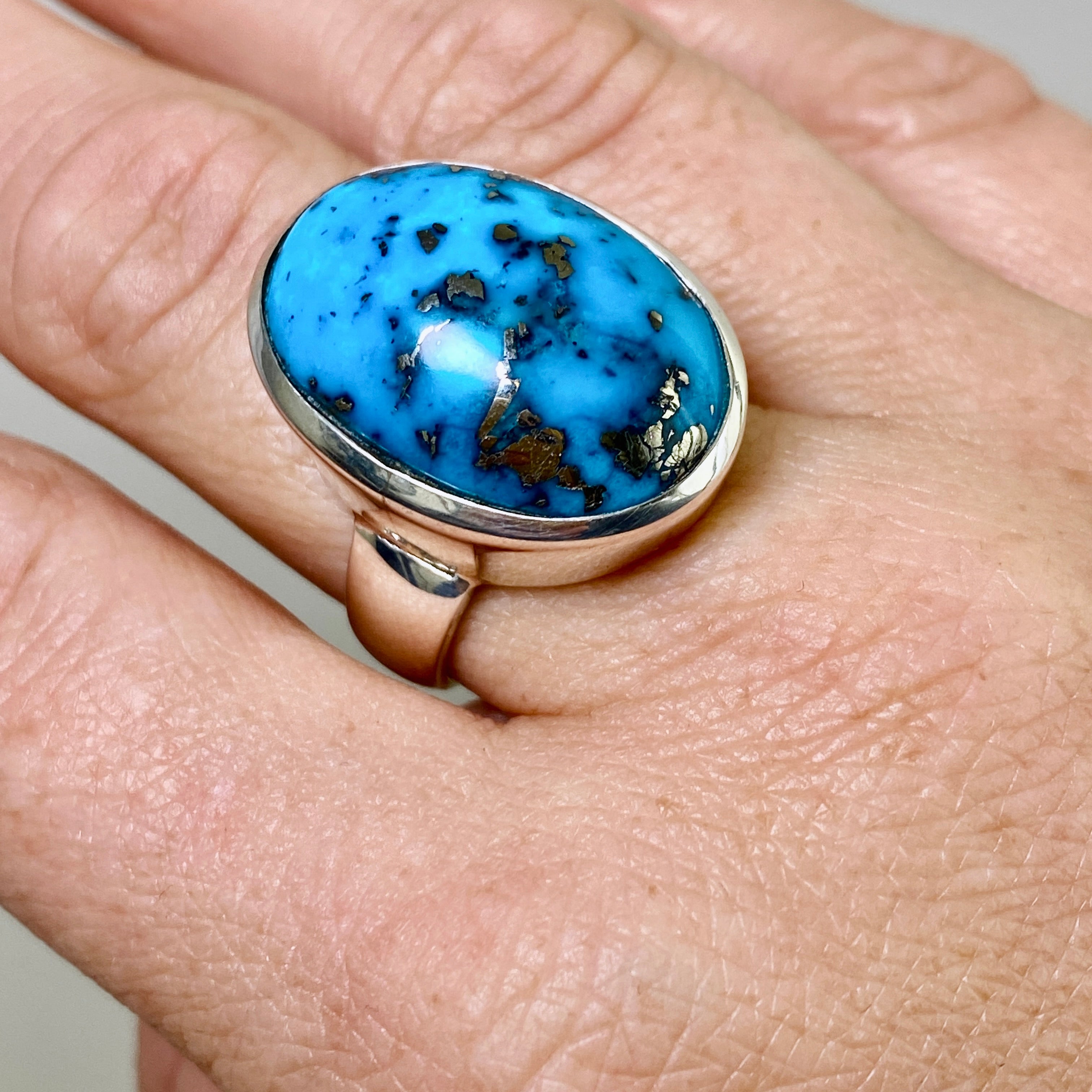 Natural Persian Turquoise with Pyrite Oval Cabochon Ring - Size 10 - Handmade Iranian Gemstone Jewelry for Women - Perfect for Boho, Western & Everyday Fashion