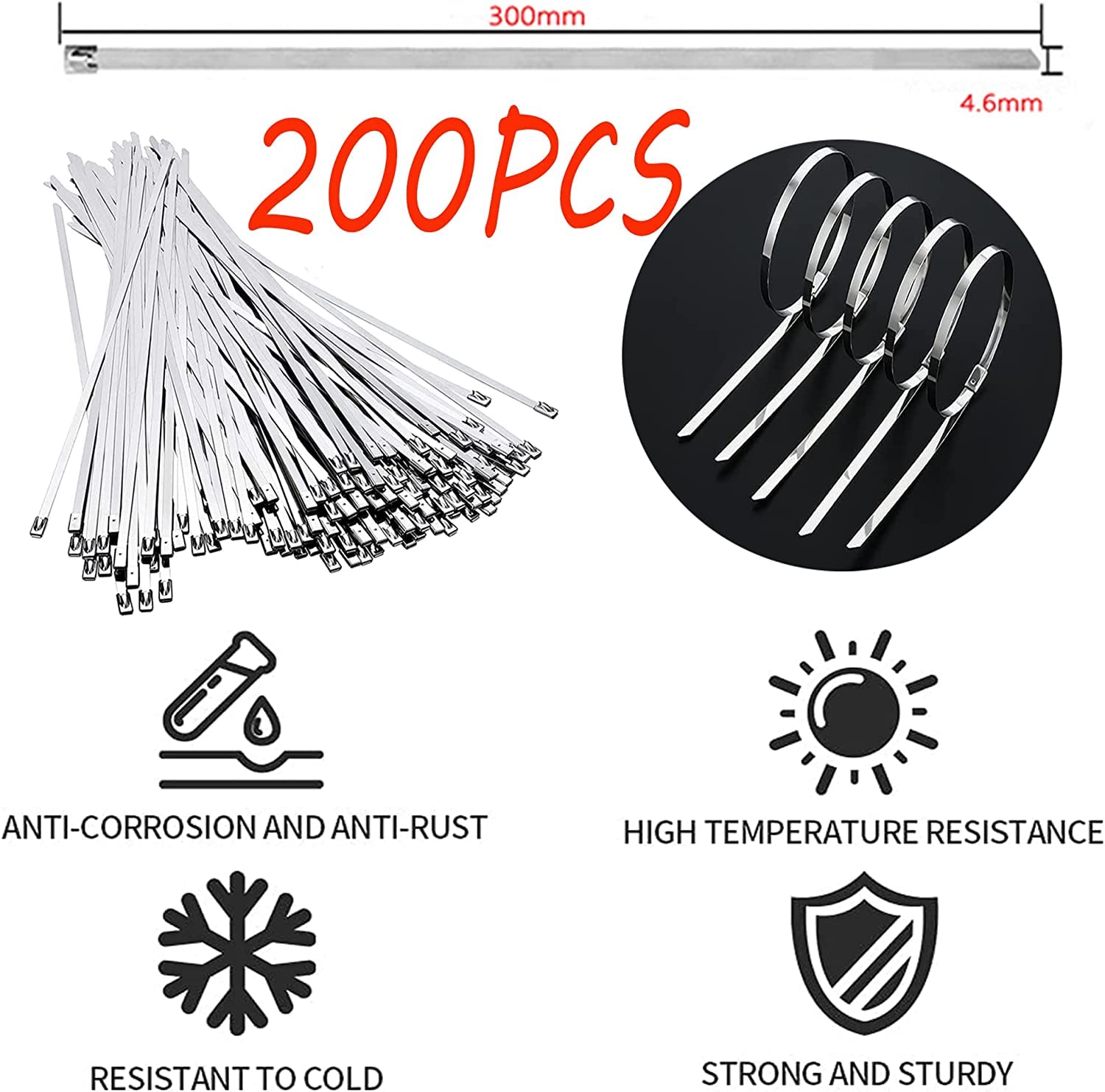 Arespark 200 Pack Stainless Steel Cable Ties - 300 x 4.6mm Rustproof Metal Zip Ties with Self-Locking Mechanism - Heavy Duty Wire Ties for Exhaust Reel, Cable Management, Garden Care, Awning & Industrial Use - Silver White