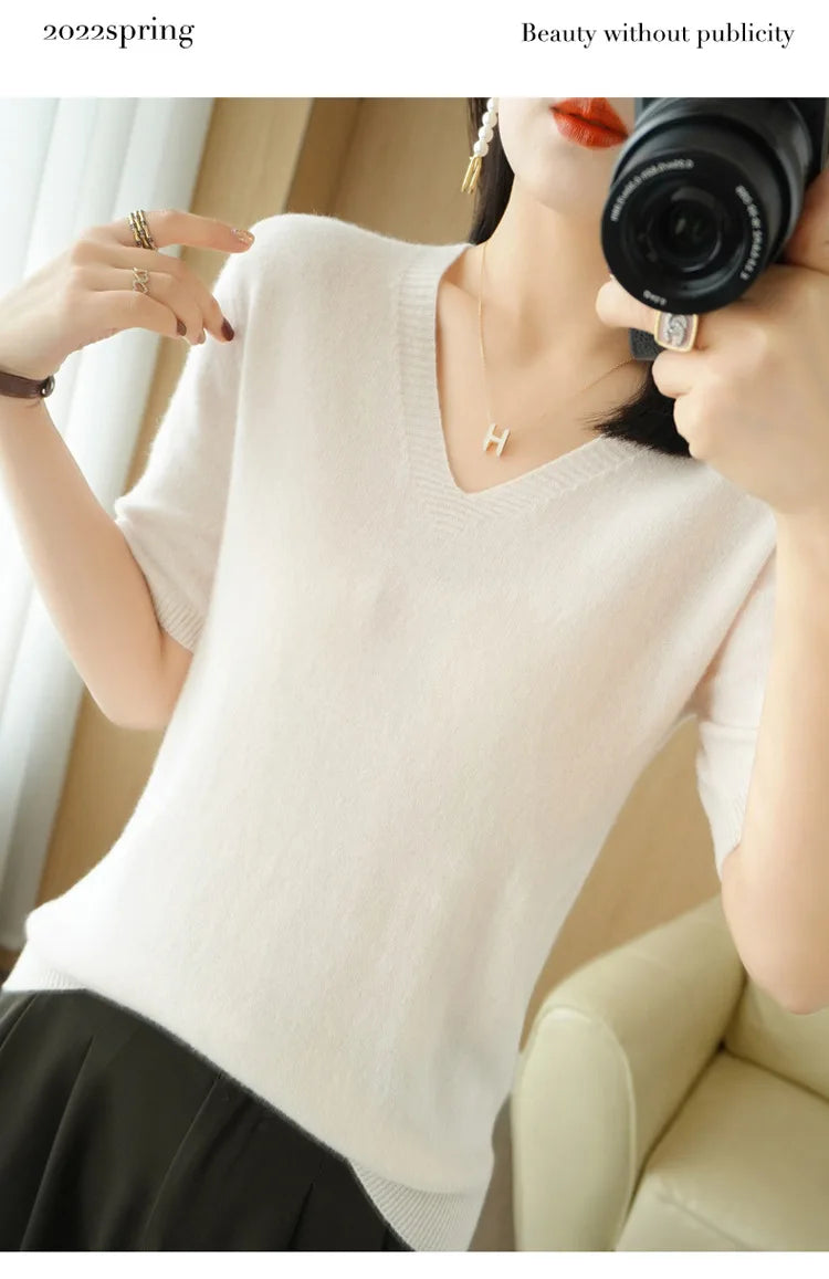 Solid Color V-Neck Half-Sleeve Cashmere Sweater for Women - Soft Thin Knit Casual Top for Office Wear & Fall Layering