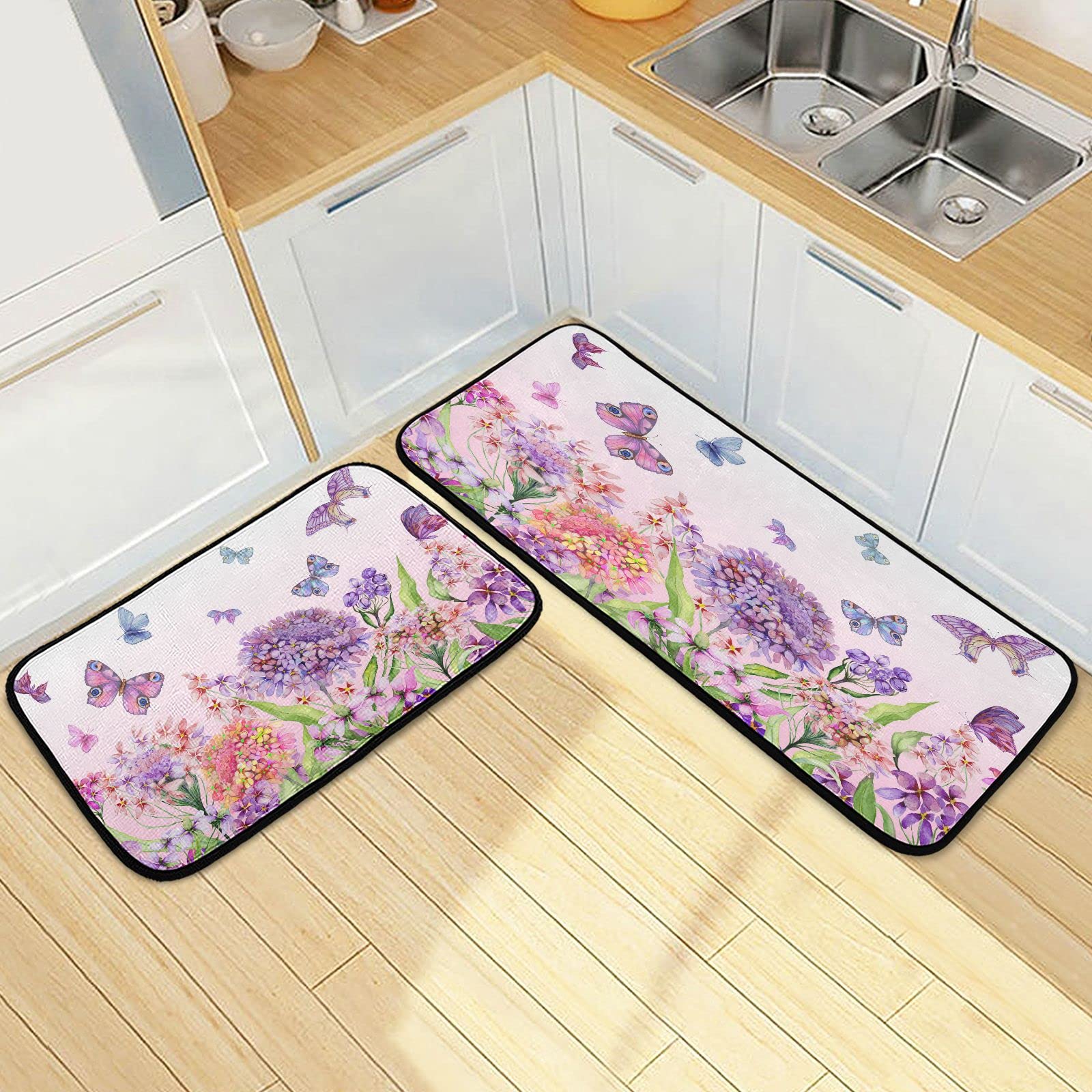 Spring Flower Butterfly Non-Slip Kitchen Rugs Set of 2 - Purple Floral Anti-Fatigue Cushioned Floor Mats for Kitchen, Living Room, Laundry & Hallway - Soft Home Decor for Comfortable Standing & Decorating Spaces
