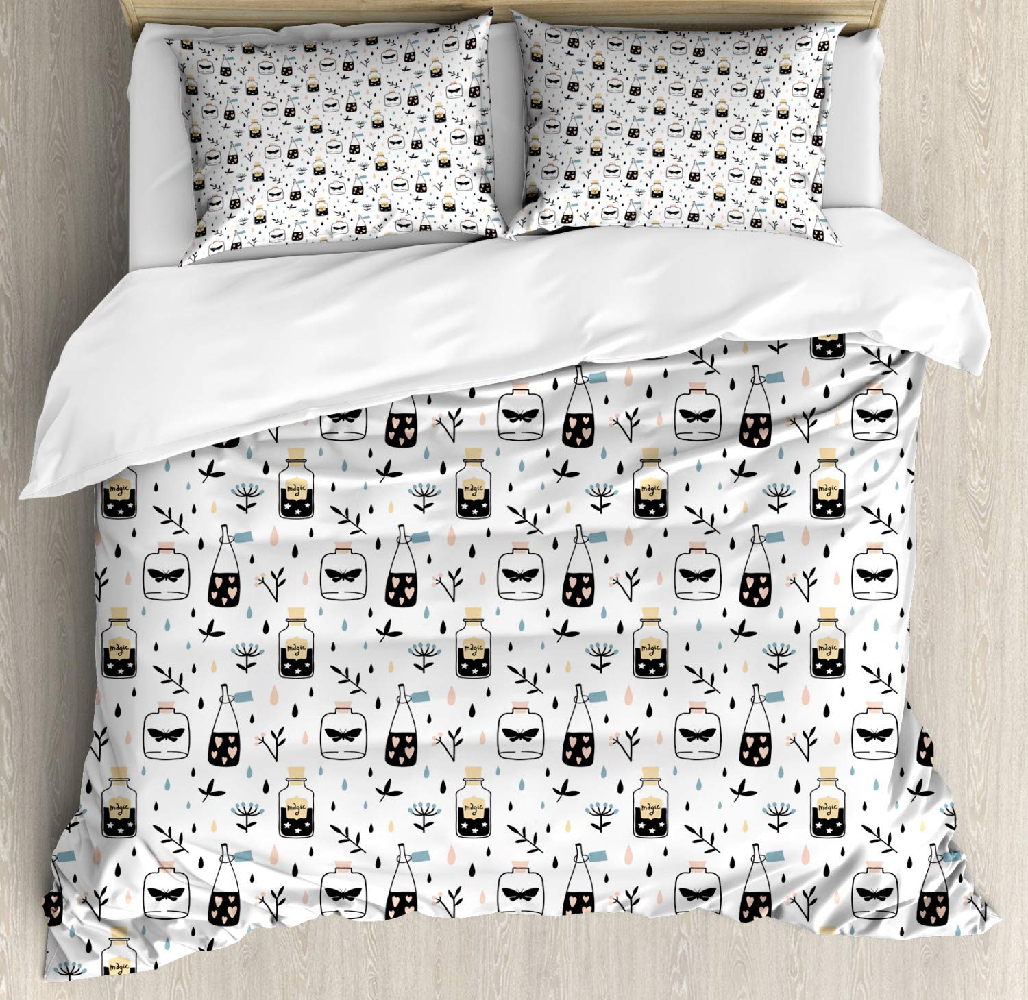 Ambesonne Alchemy Duvet Cover Set - Witchcraft Bottles & Drops Design, 3-Piece Queen Size Bedding Set with 2 Pillow Shams, Sea Green Multicolor | Gothic Home Decor for Halloween & Witch-Themed Bedrooms