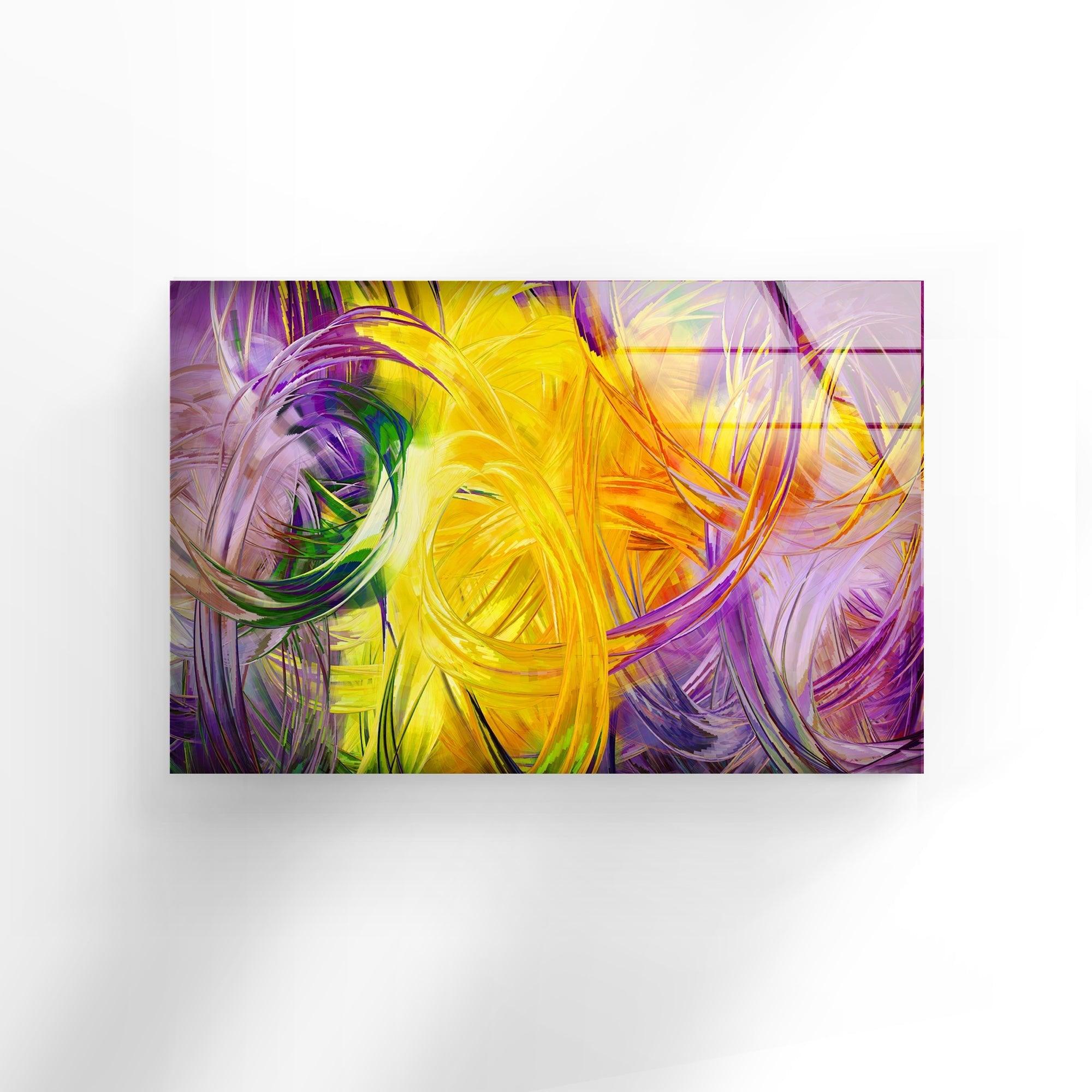 Abstract Art Yellow Fractal Glass Wall Decor - Modern Geometric Artwork for Living Room, Bedroom & Office Decor