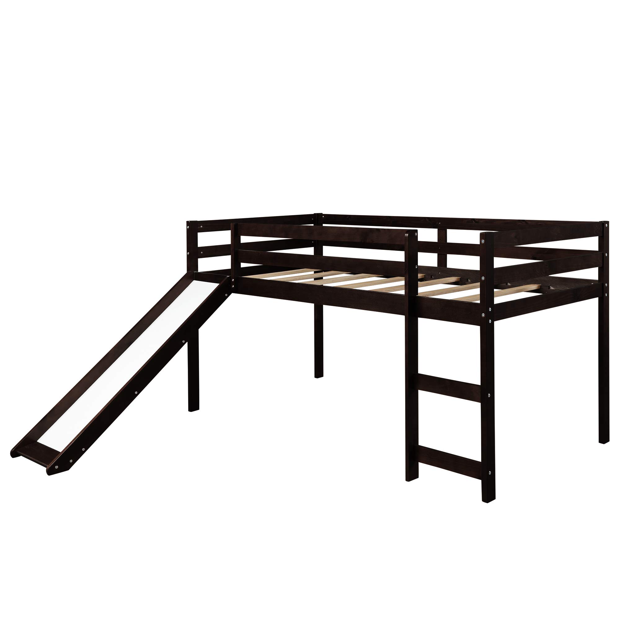 Kids Wooden Loft Bed with Slide & Ladder - Twin Size Low Loft Bed Frame with Safety Guard Rails in Espresso Finish | Perfect for Small Bedrooms, Playrooms & Space-Saving Kids' Furniture