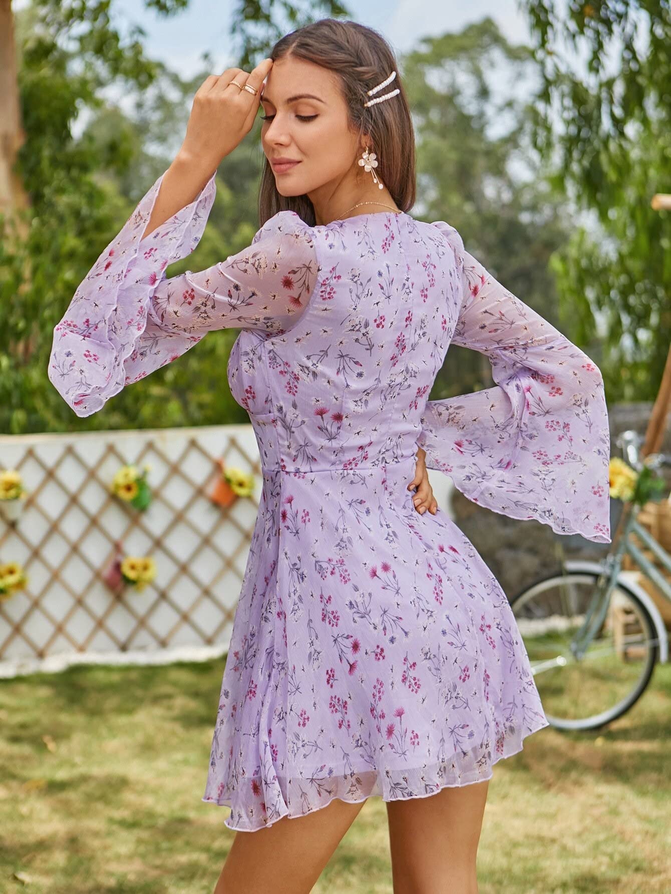 HAOSHU Women's Summer Boho Dresses - Plunging V-Neck Long Sleeve Floral Print Chiffon Maxi Dress for Beach, Party & Casual Wear | Perfect for Vacation, Date Night & Outdoor Events