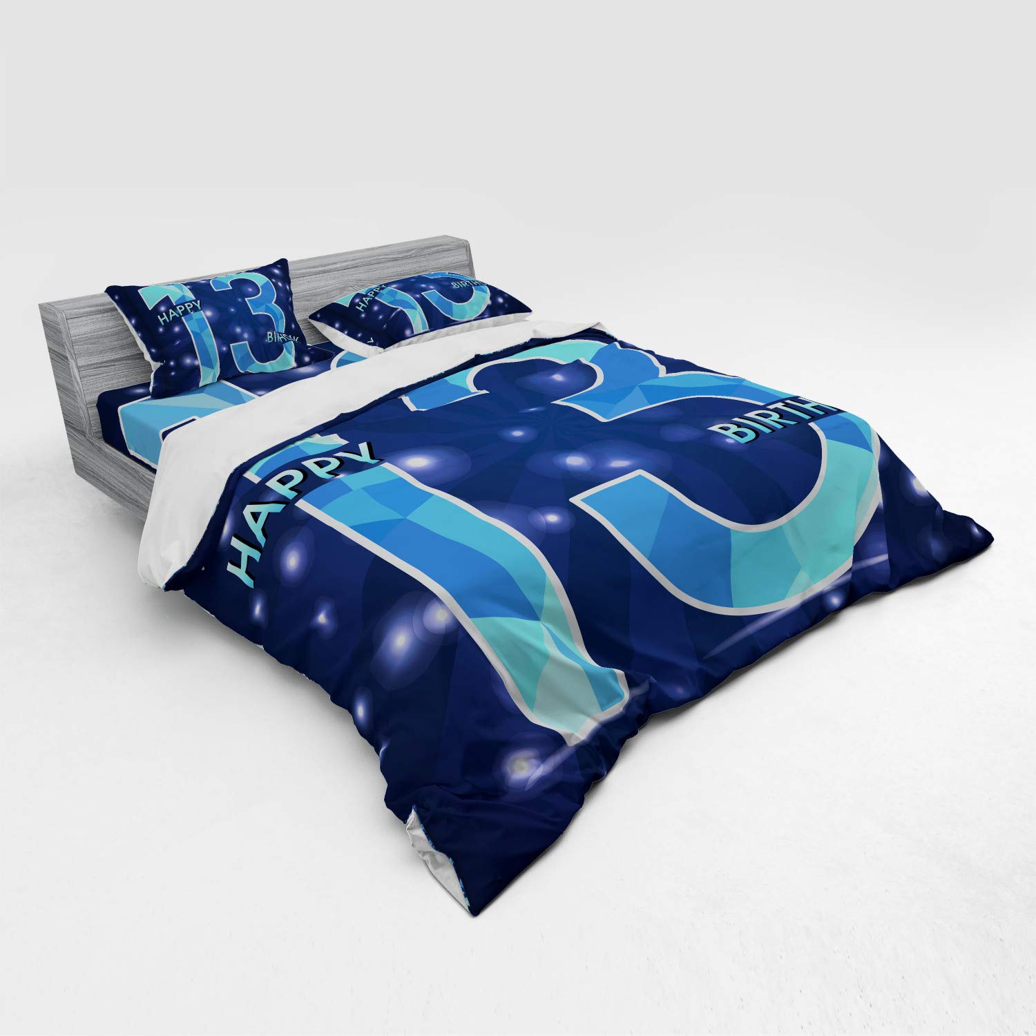 Ambesonne 13th Birthday Bedding Set - King Size 4-Piece Duvet Cover with Shams & Fitted Sheet - Dark Blue Polygonal Emblem & Stars Design - Perfect for Teen Room Decor & Birthday Gifts