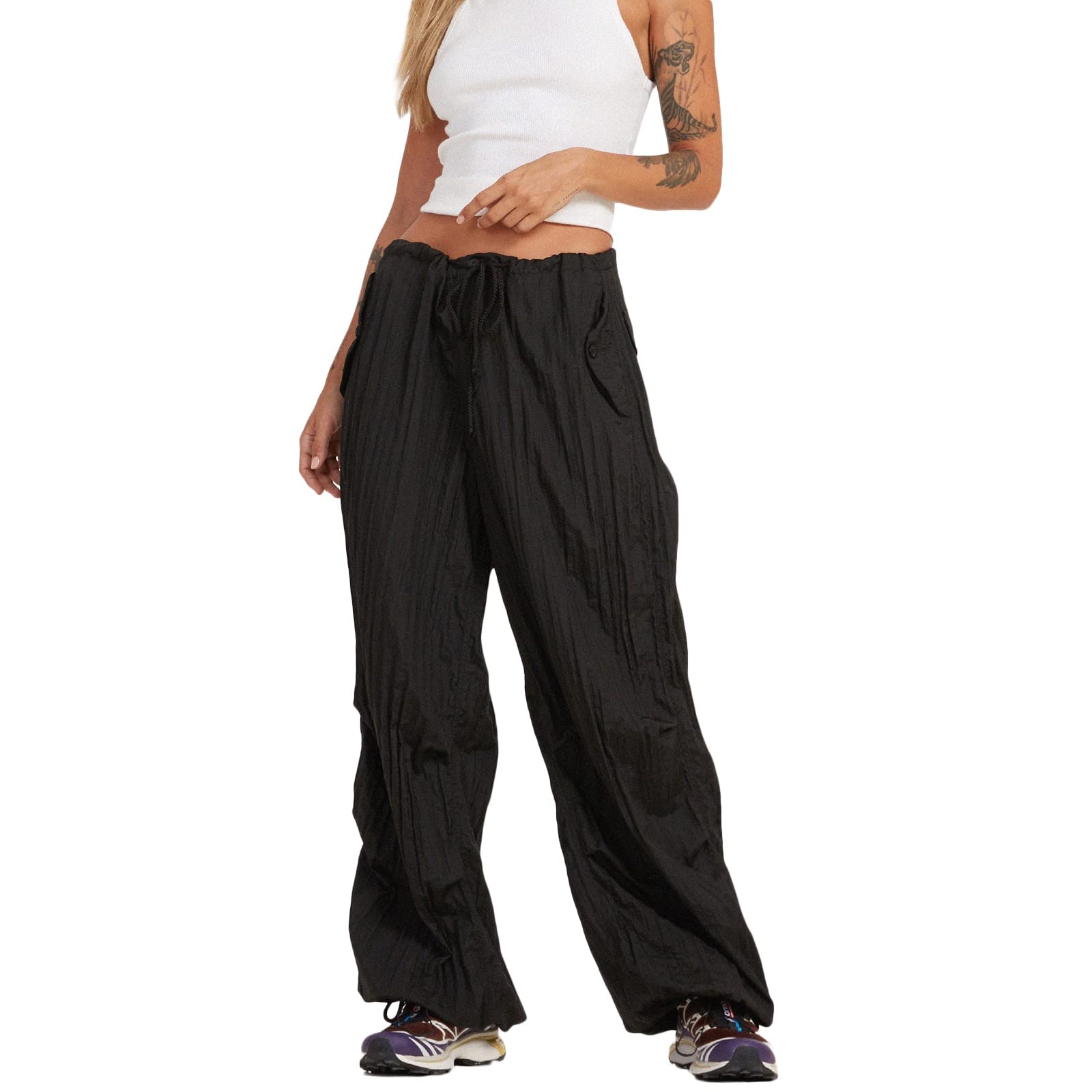 Women's Cargo Pants Baggy Wide Leg Straight Punk Grunge Joggers - 90s Hip Hop Aesthetic Low Waist Drawstring Pants for Streetwear, Casual & Outdoor Activities