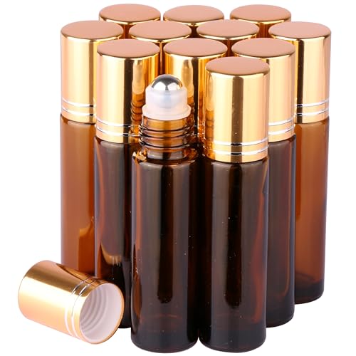 12 Roller Bottles - Amber Glass and Golden Metal Caps