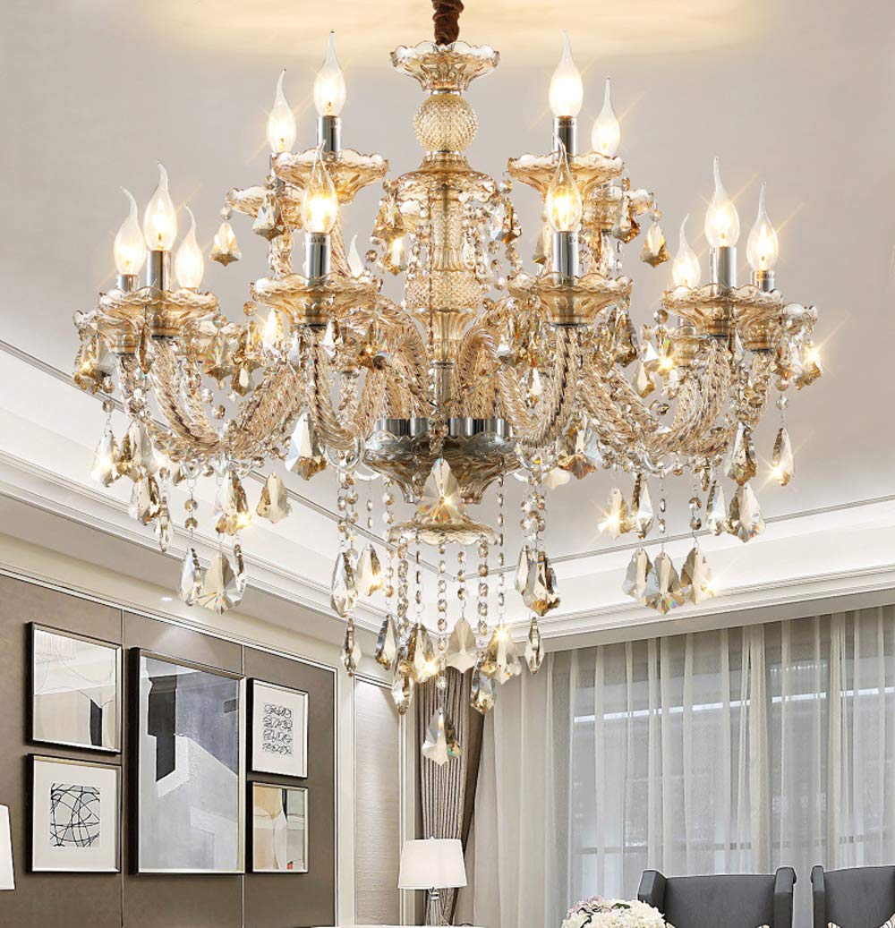 HOMWEERUN E12 LED Chandelier Ceiling Light - 3 Brightness Levels, Cognac Color Crystal Candle Pendant Lighting Fixture with 15pcs 5W E12 LED Bulbs - Perfect for Dining Room, Bedroom, and Living Room Decor