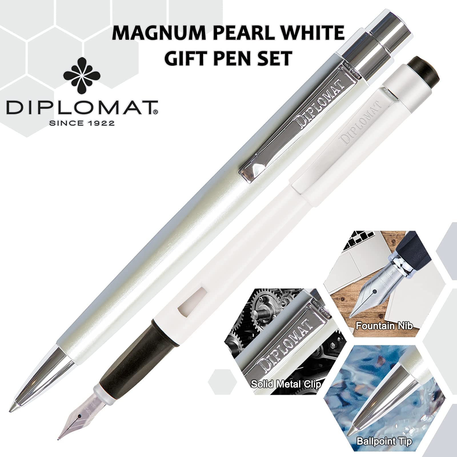 Lanier Pens Diplomat Magnum Pearl White Ballpoint Pen Set - Premium Writing Gift for Professionals, Students & Office Use