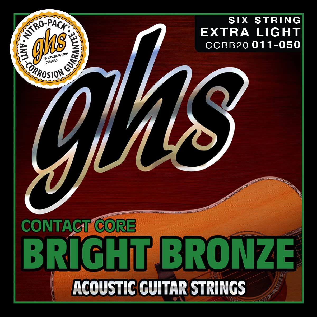 GHS Strings CCBB20 Contact Core Bright Bronze Acoustic Guitar Strings - Extra Light Gauge (11-50) - Perfect for Fingerstyle & Light Strumming