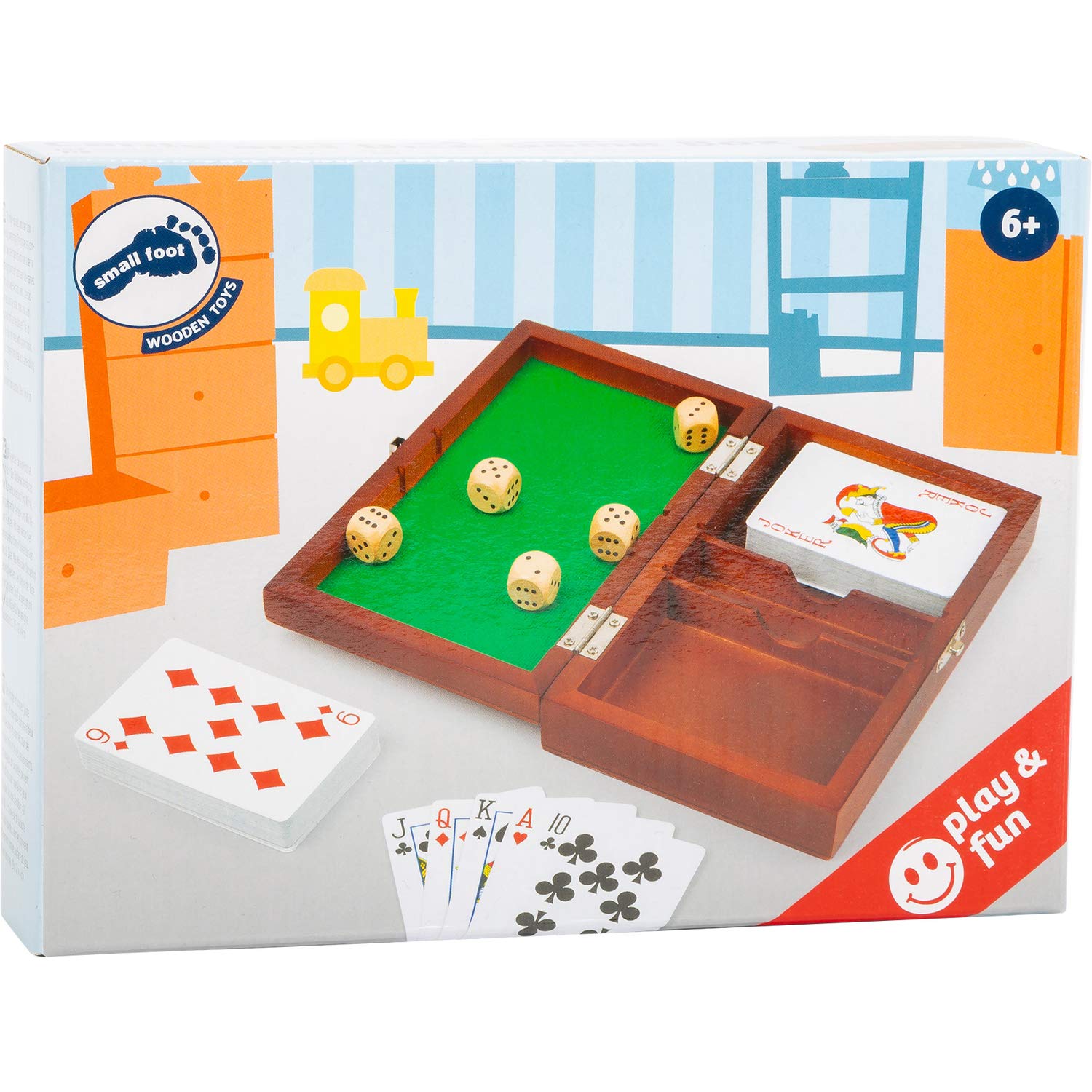 Small Foot 11363 Jeu de Cartes et Dés - Ensemble de 2 Jeux de Cartes et 5 Dés avec Boîte de Rangement - Idéal pour Voyages, Fêtes et Jeux en Famille