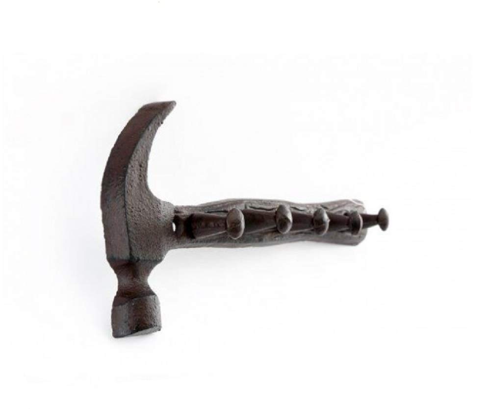 Heavy Duty Cast Iron Hammer Hook Key Rack - 5 Hooks for Wall Mounting - Perfect for Entryway, Garage, and Workshop Organization