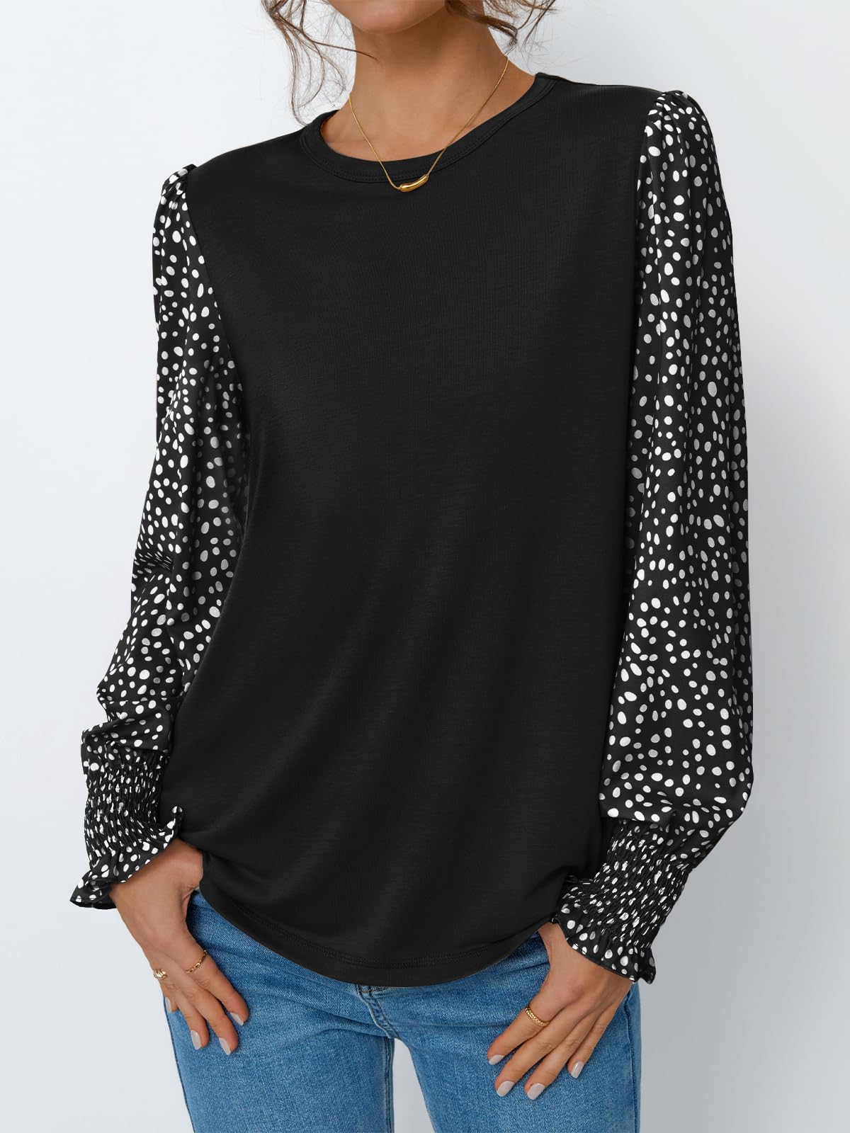 Dealmore Women's Long Sleeve Blouse - Cute Puff Sleeve Polka Dot T-Shirt for Business Casual Wear | 2025 Fall Winter Fashion Tops | Perfect for Office, Dating & Holiday Outfits