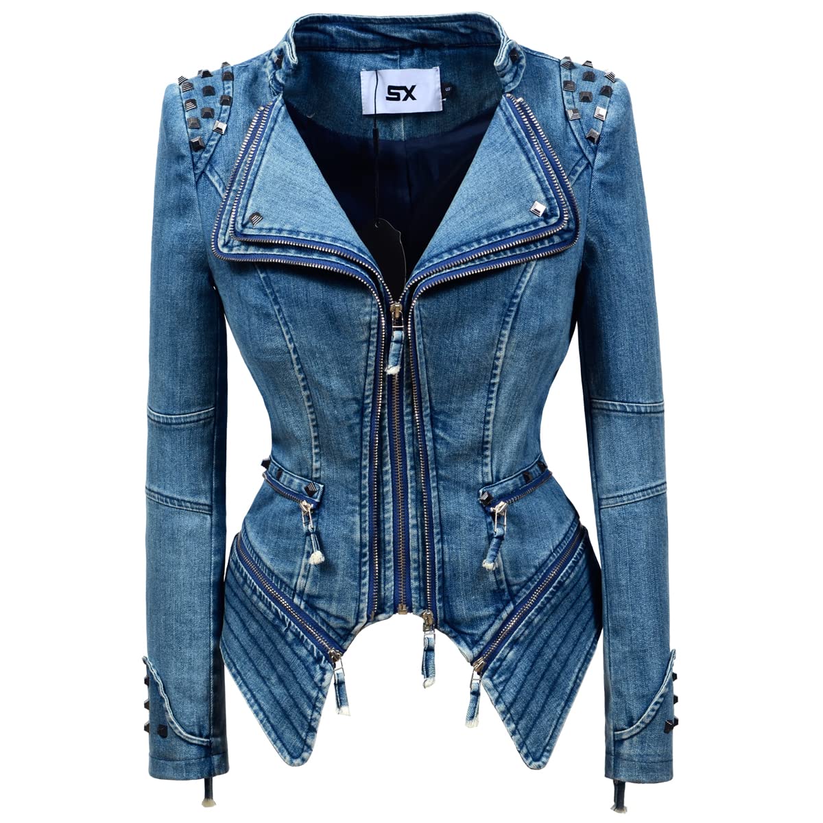Women's Classic Denim Jacket with Studded Punk Details - Motorcycle Style Dovetail Design (Size S, Blue) | Perfect for Biker Outfits, Rock Concerts & Edgy Streetwear Looks