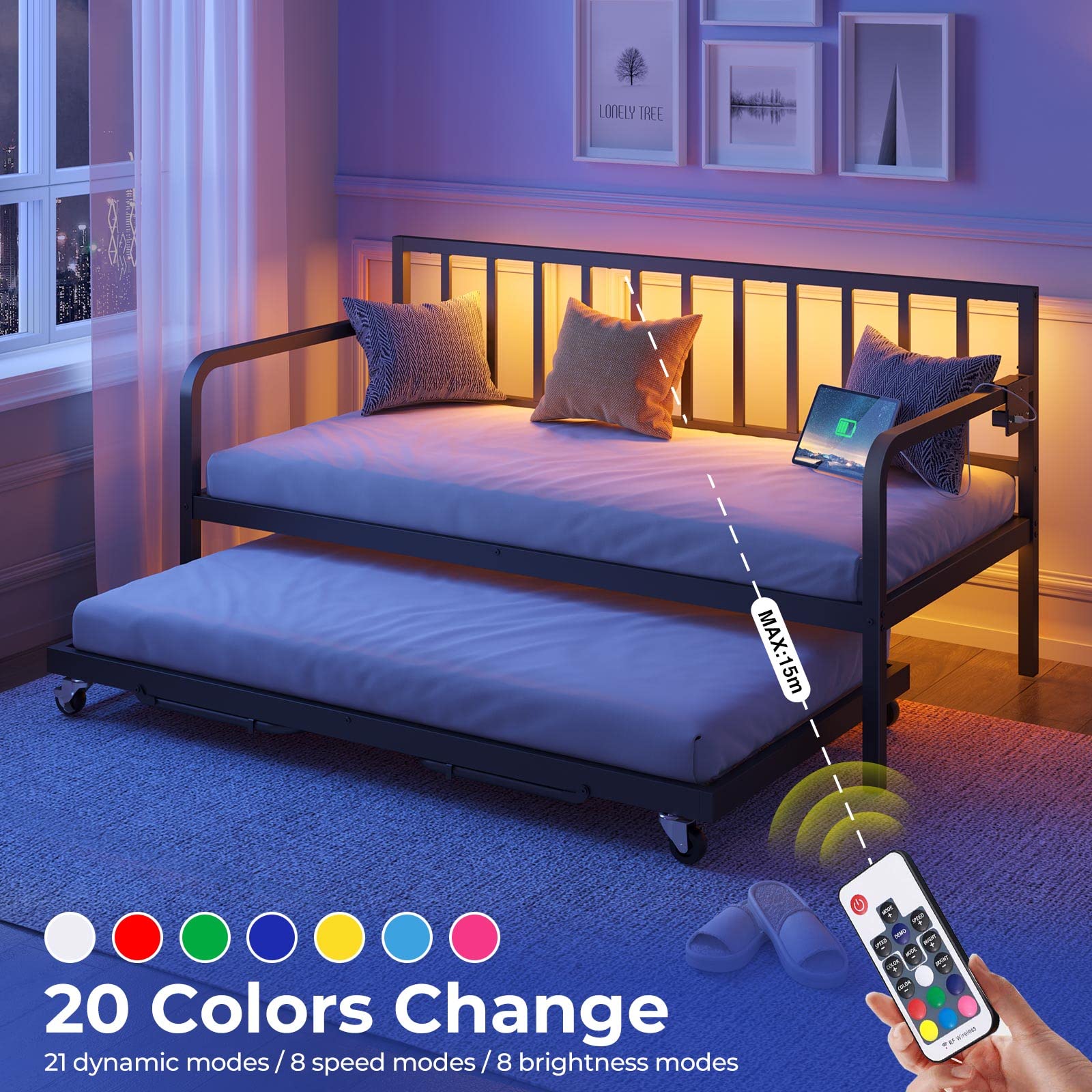 Rolanstar Adjustable Height Twin Daybed with Trundle - Metal Sofa Bed Frame with Built-in USB Charging Station & LED Lights, Steel Slat Support - Perfect for Small Spaces, Living Room, Bedroom & Guest Room - Black