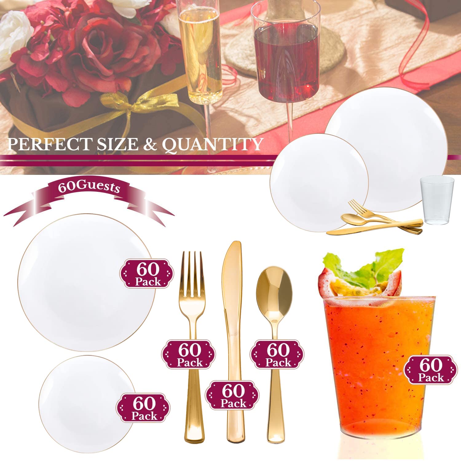 Eco-Friendly Disposable Plastic Plates with Elegant Gold Rim - Bulk Round Dinnerware for Wedding, Birthday Party, Picnic & Special Events (White & Gold, 60-Piece Wedding Set) - Perfect for Outdoor Gatherings, Catering & Home Entertaining
