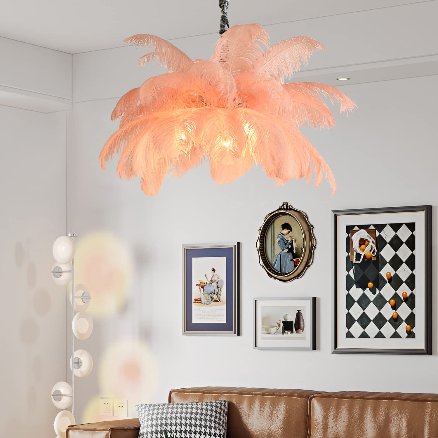 Modern Pink Feather Chandelier with Ostrich Hair Lampshade - Elegant Ceiling Light Fixture for Bedroom, Living Room, Hotel Lobby & Foyer | Perfect for Romantic Decor, Wedding Venues & Luxury Interior Design