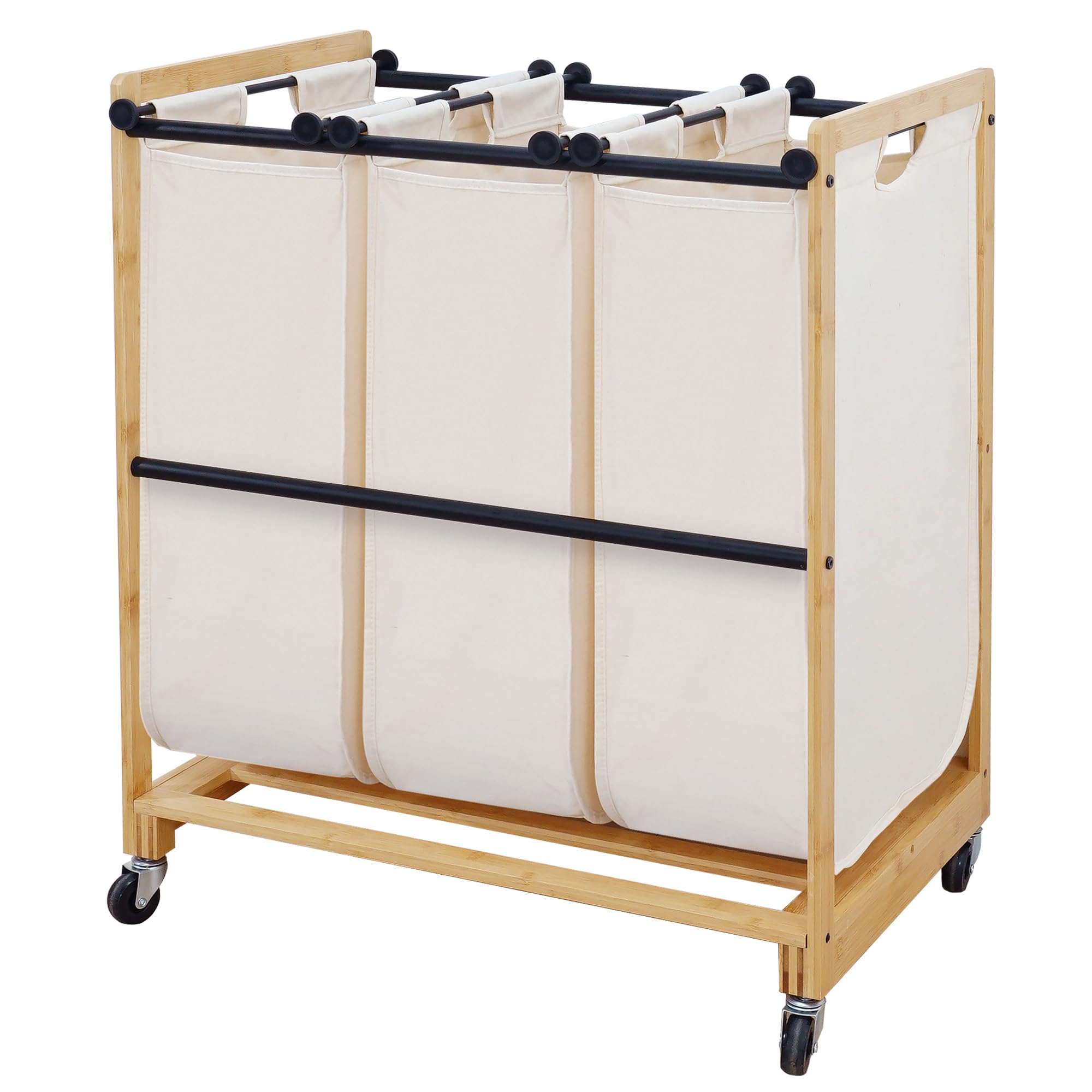 STO 3-Section Laundry Sorter with Bamboo Frame - Rolling Laundry Hamper Cart with Lockable Wheels & Removable Bags for Clothes Storage - Perfect for Laundry Room, Bedroom, Dorm or Apartment - Beige