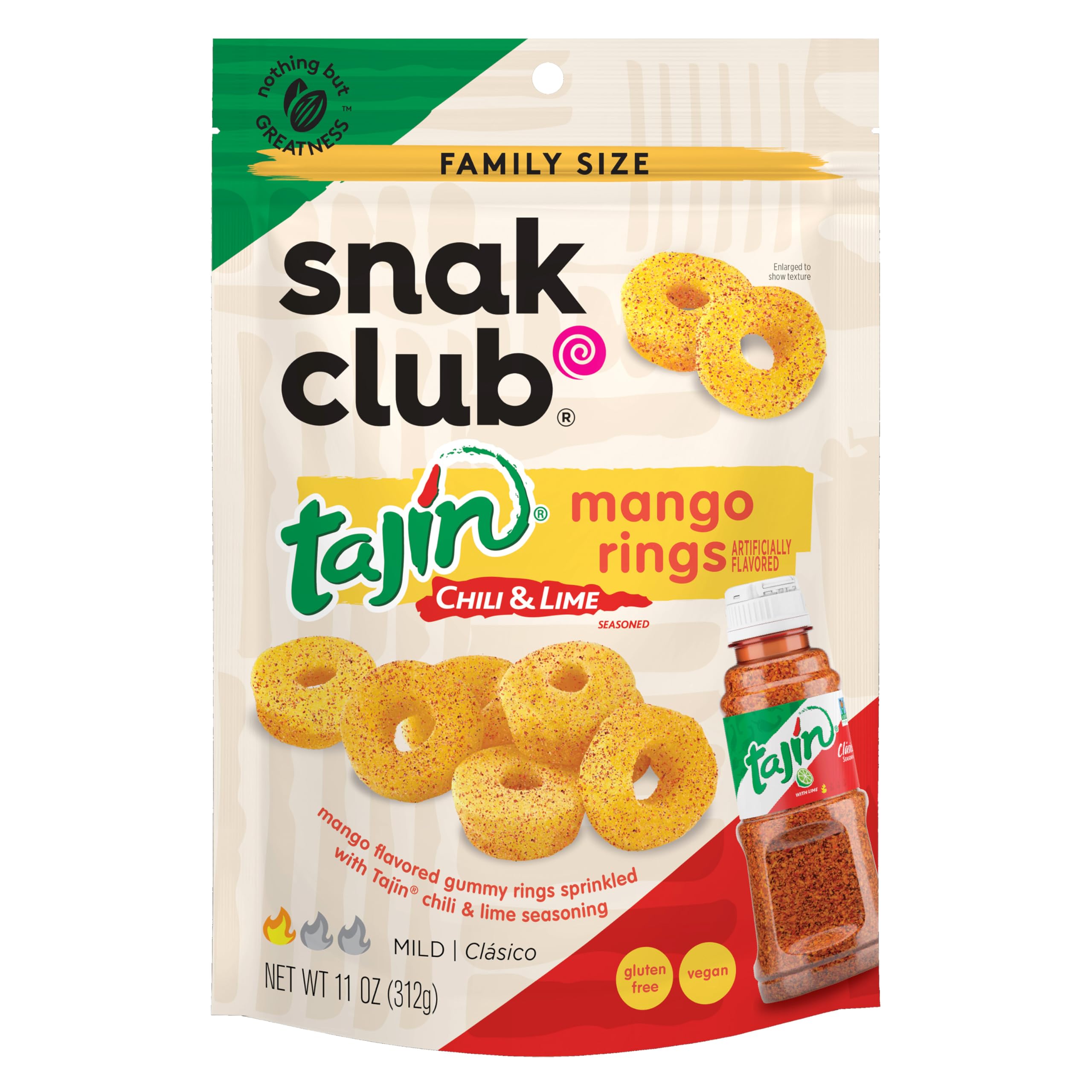 Snak Club Tajin Mango Rings Gummy Candy - Chili Lime Seasoned Fruit Snacks | Gluten-Free, Vegan, 11oz Resealable Bag - Perfect for Movie Nights, Road Trips & Office Snacking