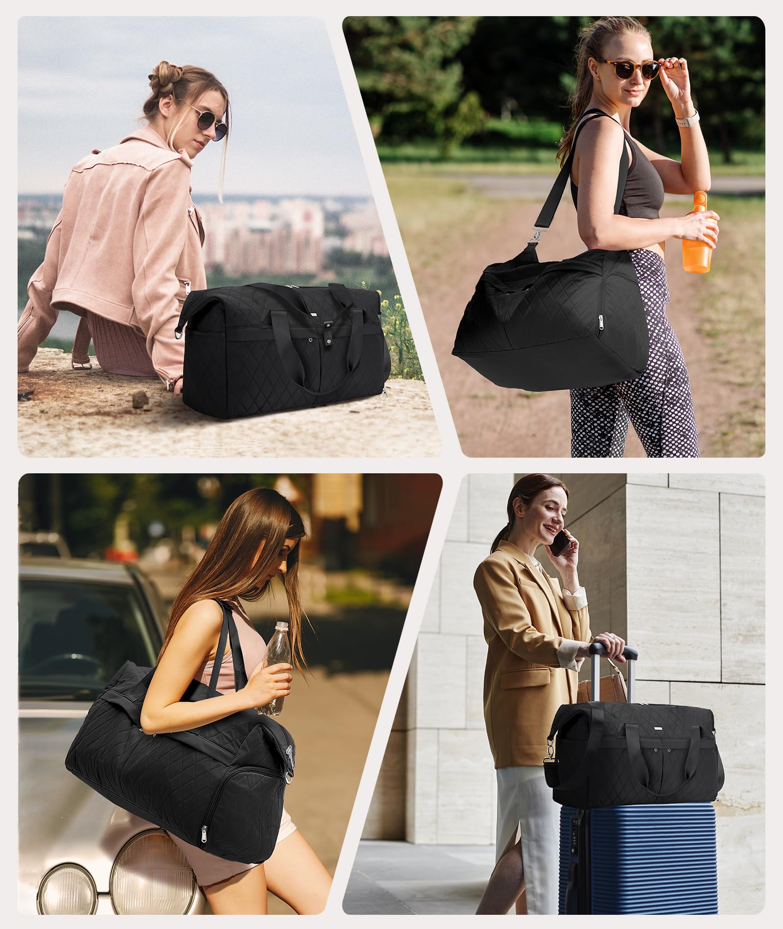Marvolia Quilted Duffle Bag for Women - Large Travel Weekender Overnight Bag with Shoe Compartment & Toiletry Pouch | Perfect Carry-On for Business Trips, Gym, Sports & Weekend Getaways - Black