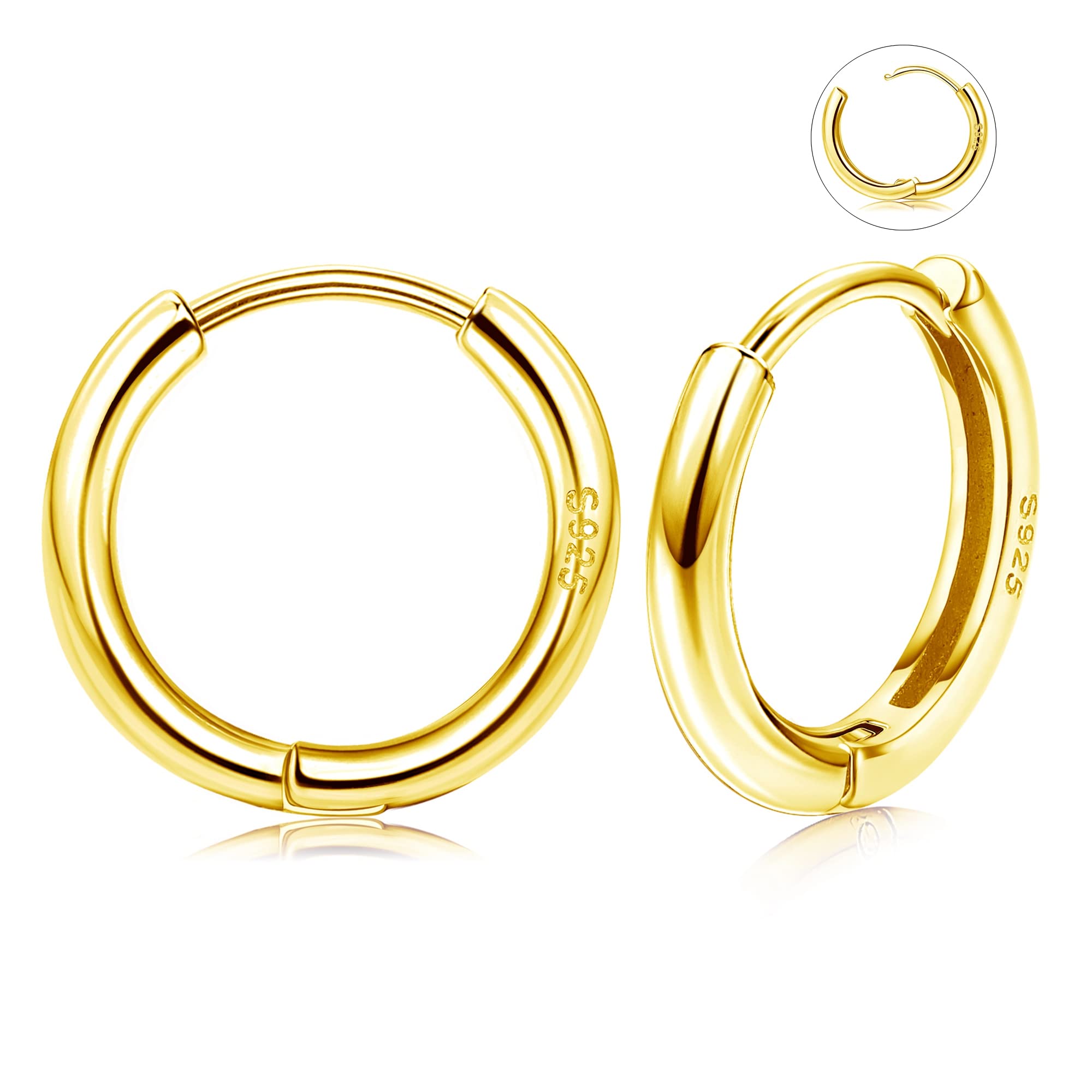Sllaiss 925 Sterling Silver Small Hoop Earrings for Women & Men - 12MM Lightweight Hinged Hoops, 14K Gold Plated Cartilage Earrings | Perfect for Everyday Wear, Gifts & Pierced Ears