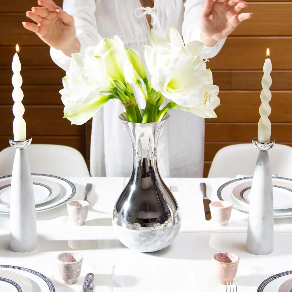 Elegant Dual Vase Set - Marble & Silver Modern Home Decor - Perfect for Living Room, Dining Table, and Wedding Centerpieces